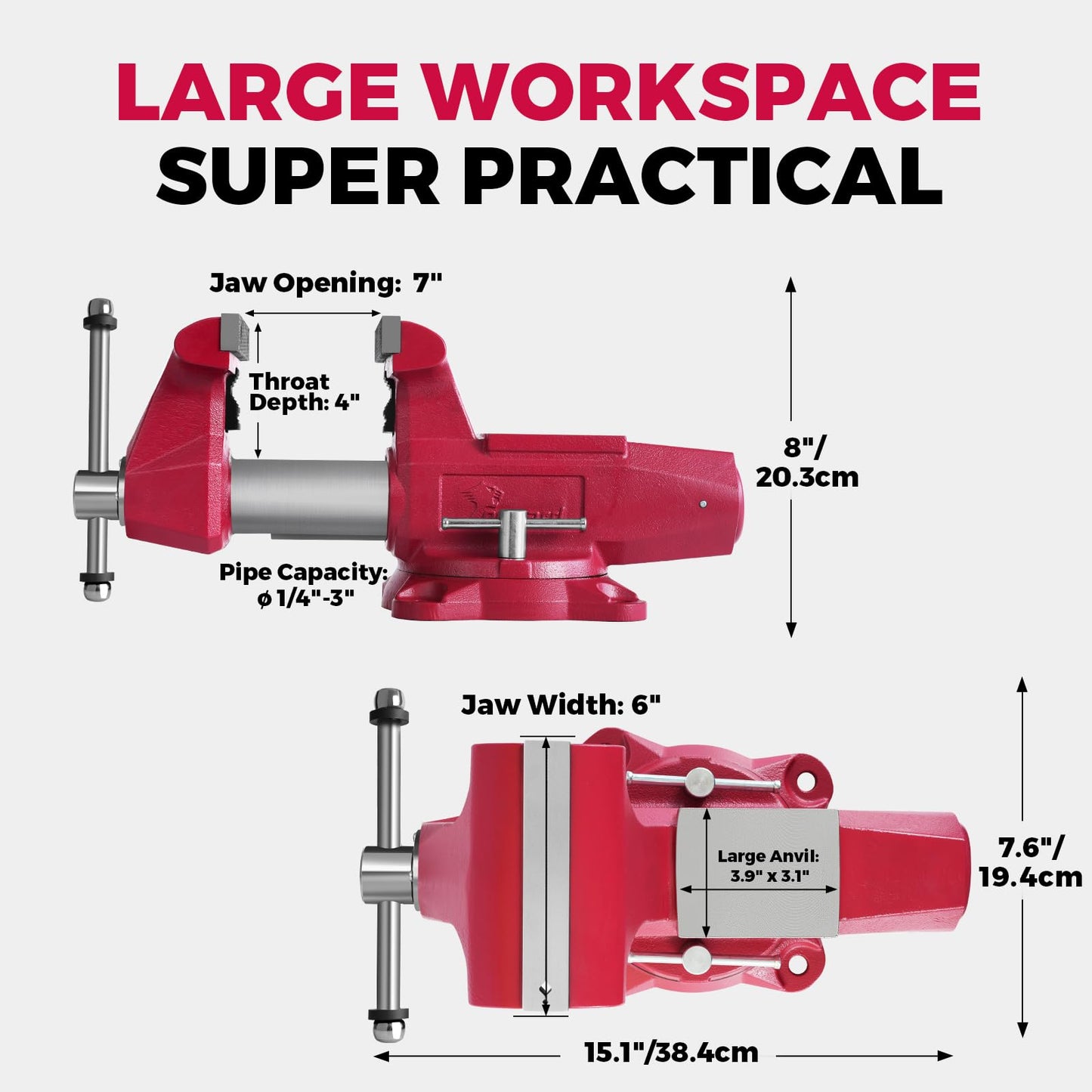 Forward Round Bench Vise 6 Inch Heavy Duty, 1760 Economic Industrial Vice with 360° Swivel Base, 6" Jaw Width, 7" Max Jaw Opening, 4" Throat Depth 72,000PSI Ductile Iron