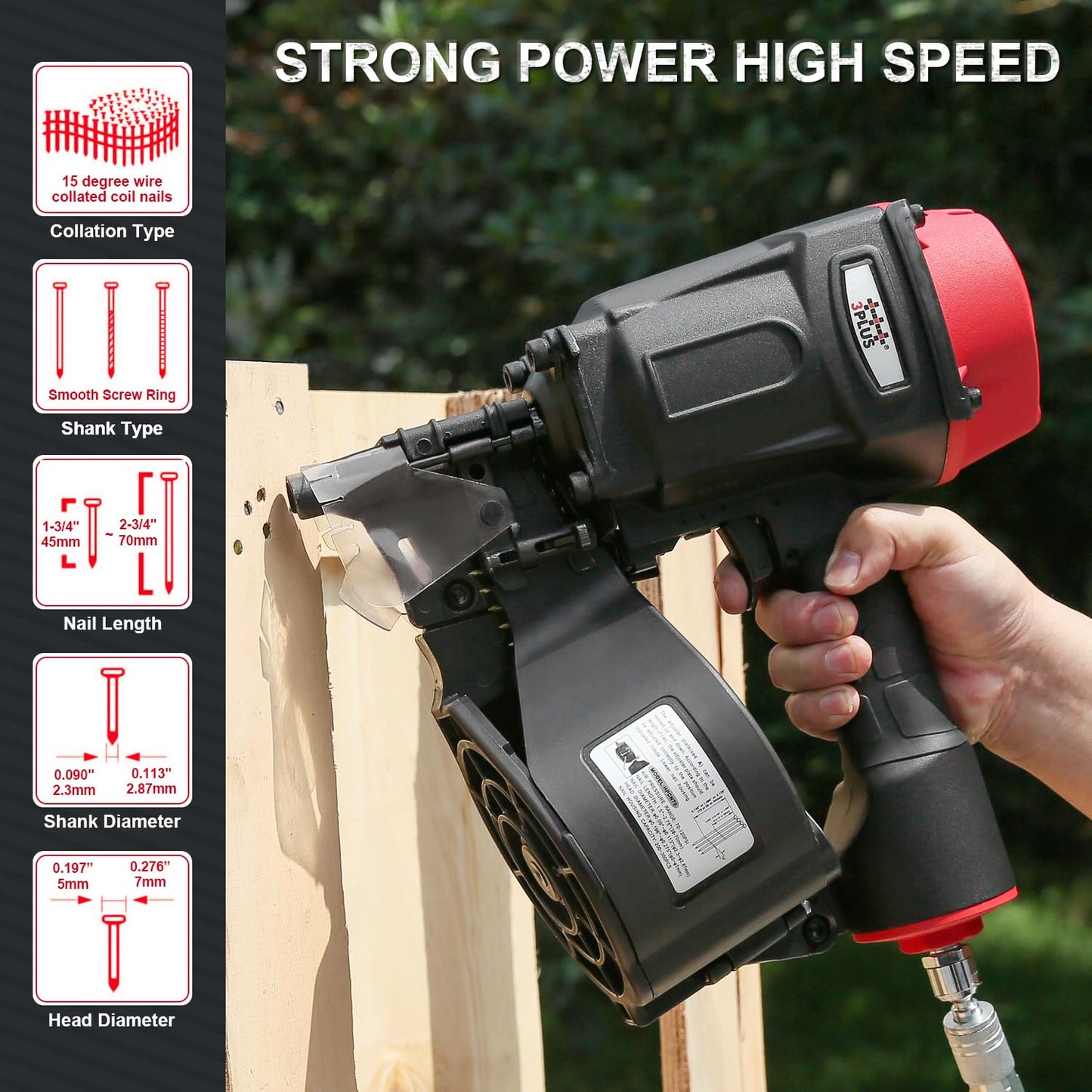 3PLUS HCN70SP Pneumatic Coil Pallet Nailer Professional Air Nail Gun Accepts 15 Degree 1-3/4-Inch to 2-3/4-Inch Wire Collated Nails