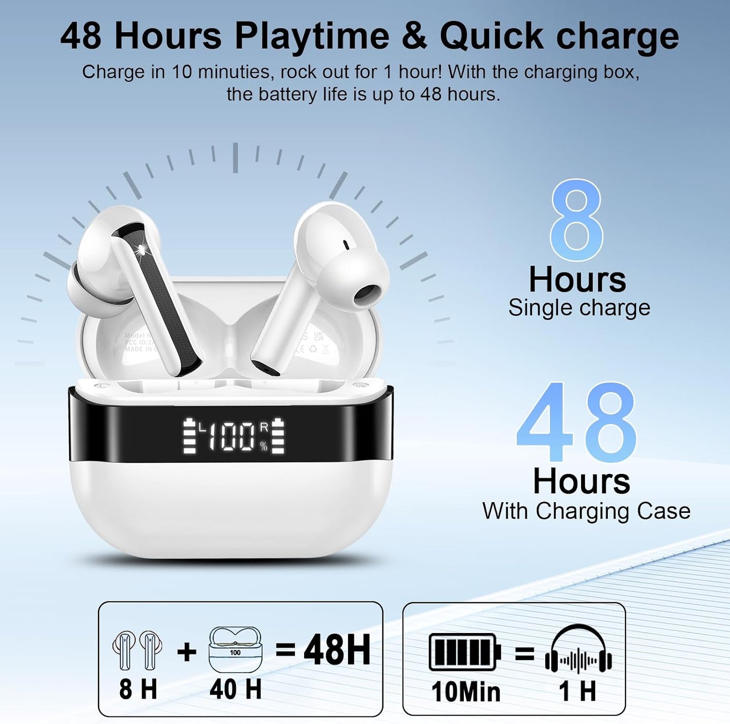 5.4 4 48H IP7 Wireless Earbuds, Bluetooth Headphones HiFi Stereo, Bluetooth Earbuds with ENC Mics, Playtime Ear buds