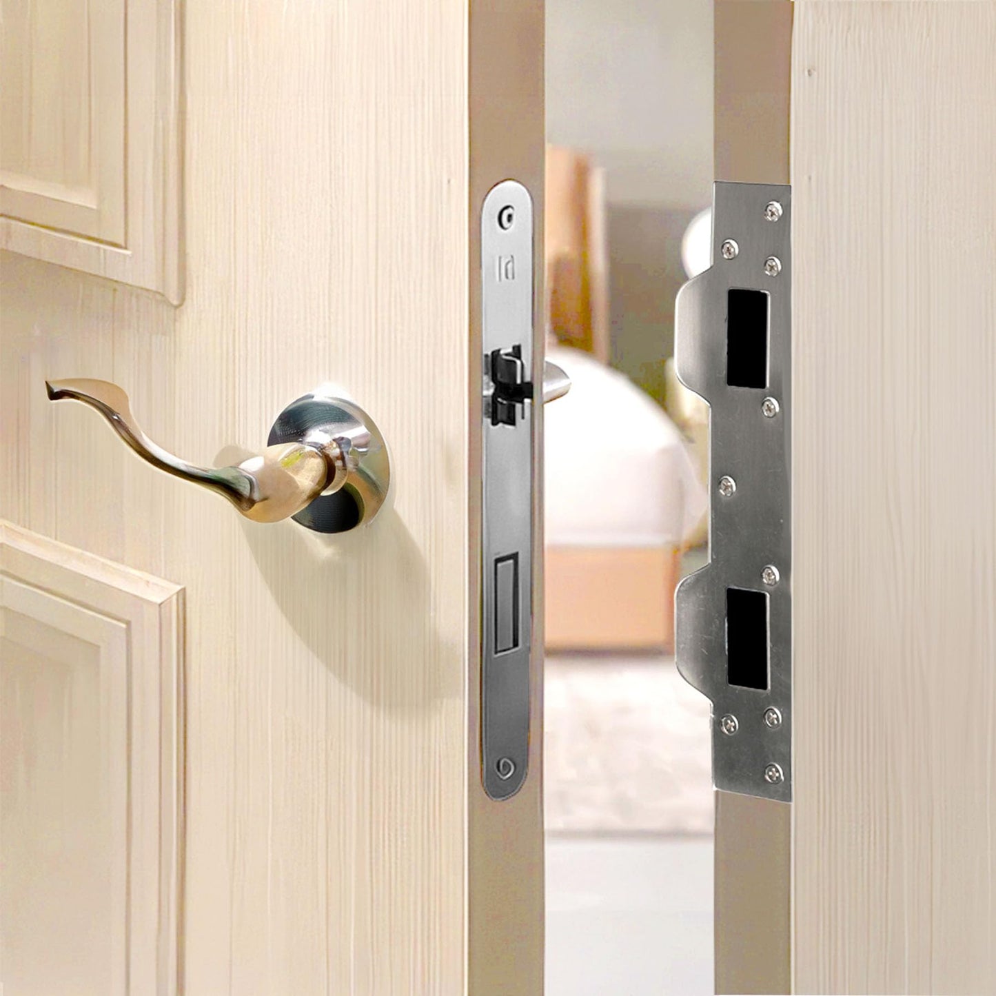 Door Strike Plate Reinforcement Plate, Front Door Strike Plate, Double Strike Plate for 5-1/2 in. Hole Centers, Heavy Duty, Front Door Security Devices Door Latch Plate (Satin Nickel, 1 Pack)