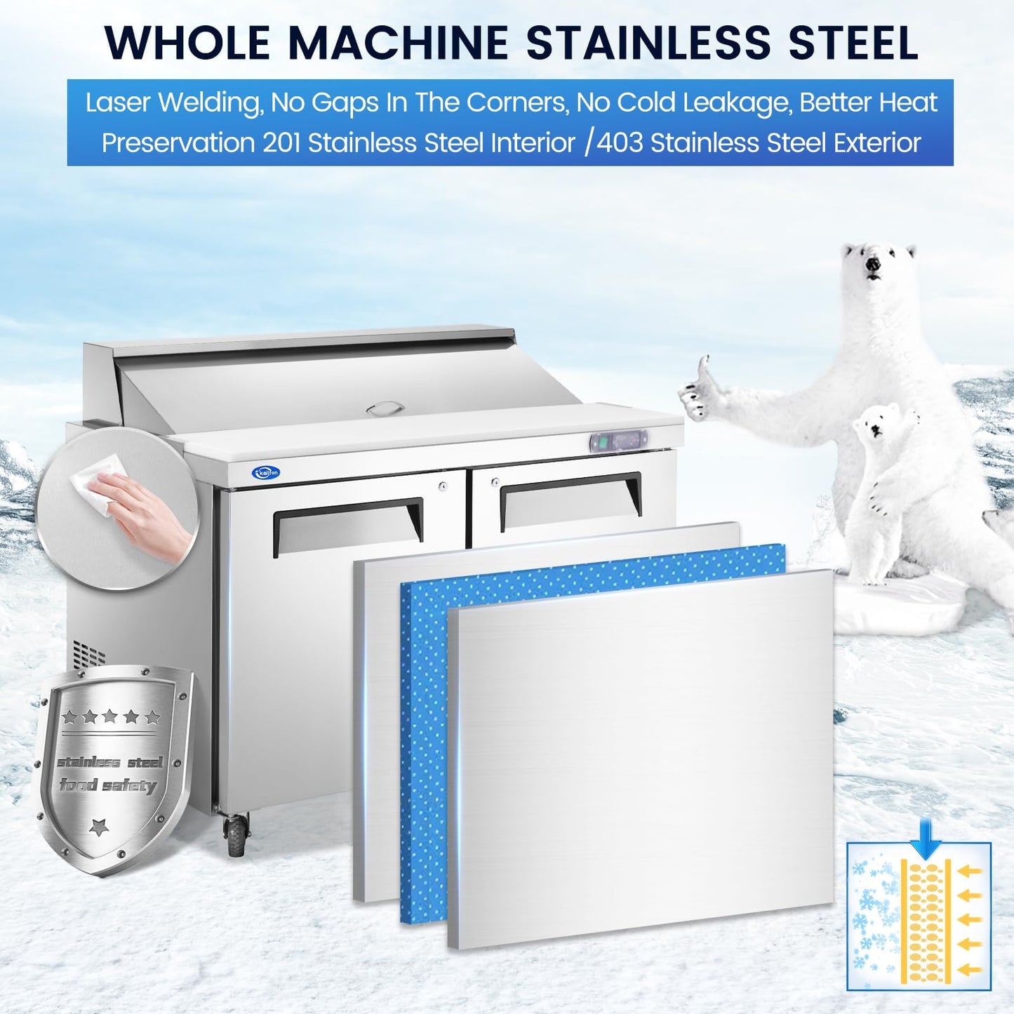 kalifon 60" W 2 Door Refrigerator Sandwich Salad Prep Table Commercial Stainless Steel Fan Cooling Refrigerator with Cutting Board, 2 Shelves & 24 Pans for Restaurant, Bar, Shop-16.4 Cu.ft