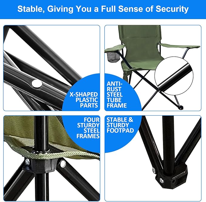 Folding Camping Chair, 225lb Capacity, Includes Cup Holder & Side Storage Bag, 5.5lbs Portable for Beach, Camping, Sport,Green