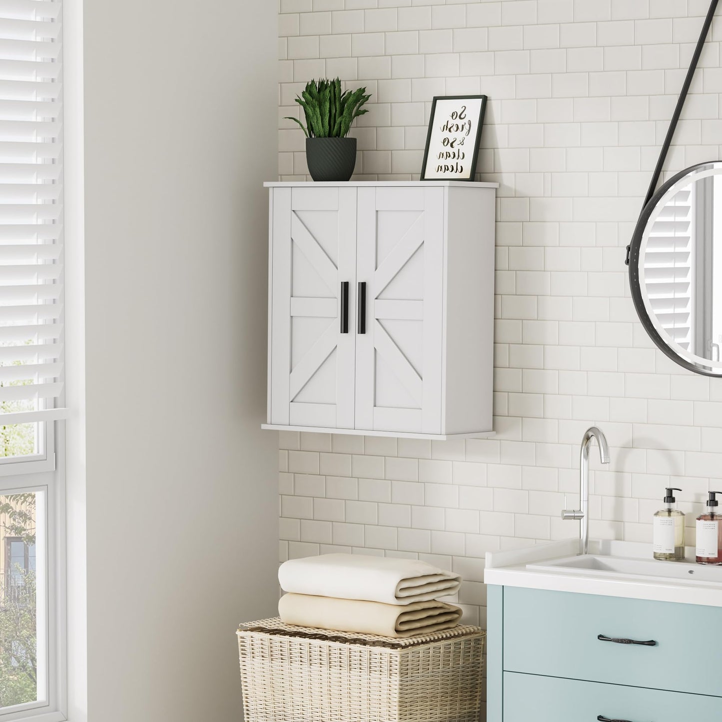 Homleke Bathroom Wall Cabinet, Over Toilet Storage Cabinet with Barn Doors and Adjustable Shelves, 3-Tier Medicine Cabinet Wall Mounted, for Bathroom, Kitchen, Entryway, Laundry Room, White, (7.9" D)