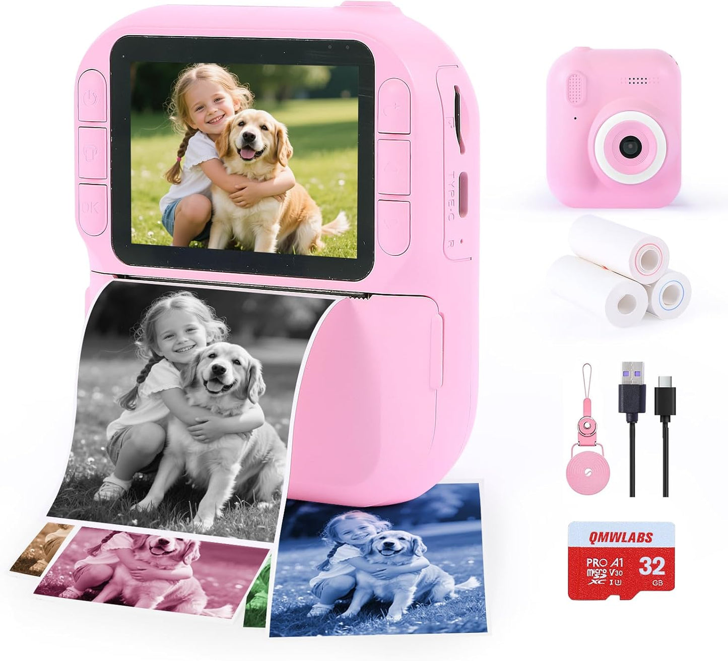 QMWLABS 1080P 32GB MP3 3-12 Kids Camera Instant Print Digital Camera with Thermal Paper, HD Video, Selfie Lens, SD