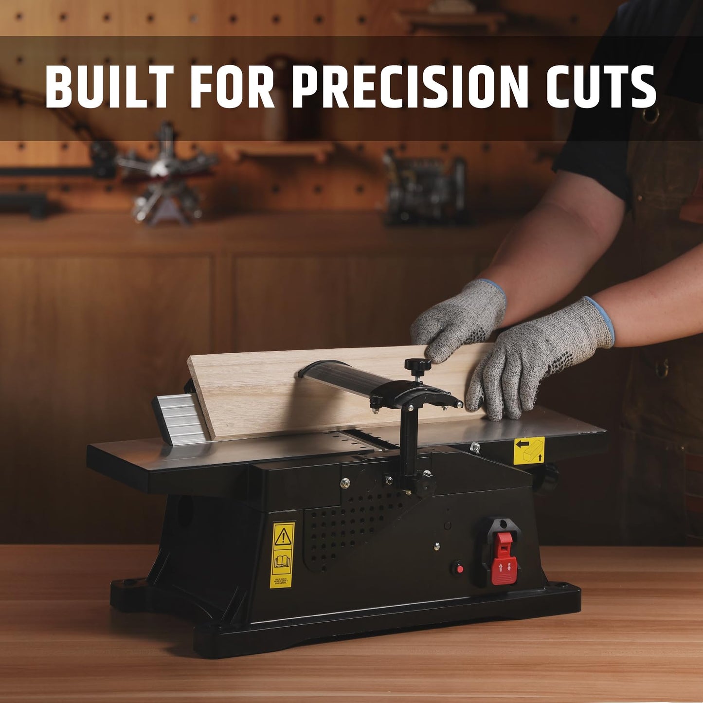 WOODSTARTER 6-Inch Benchtop Jointer with 15 Amp Motor, 12000 RPM Cutting Speed, Adjustable Fence 90–135°, Up to 1/8" Depth, HSS Blades, Table Jointer To for Woodworking DIY