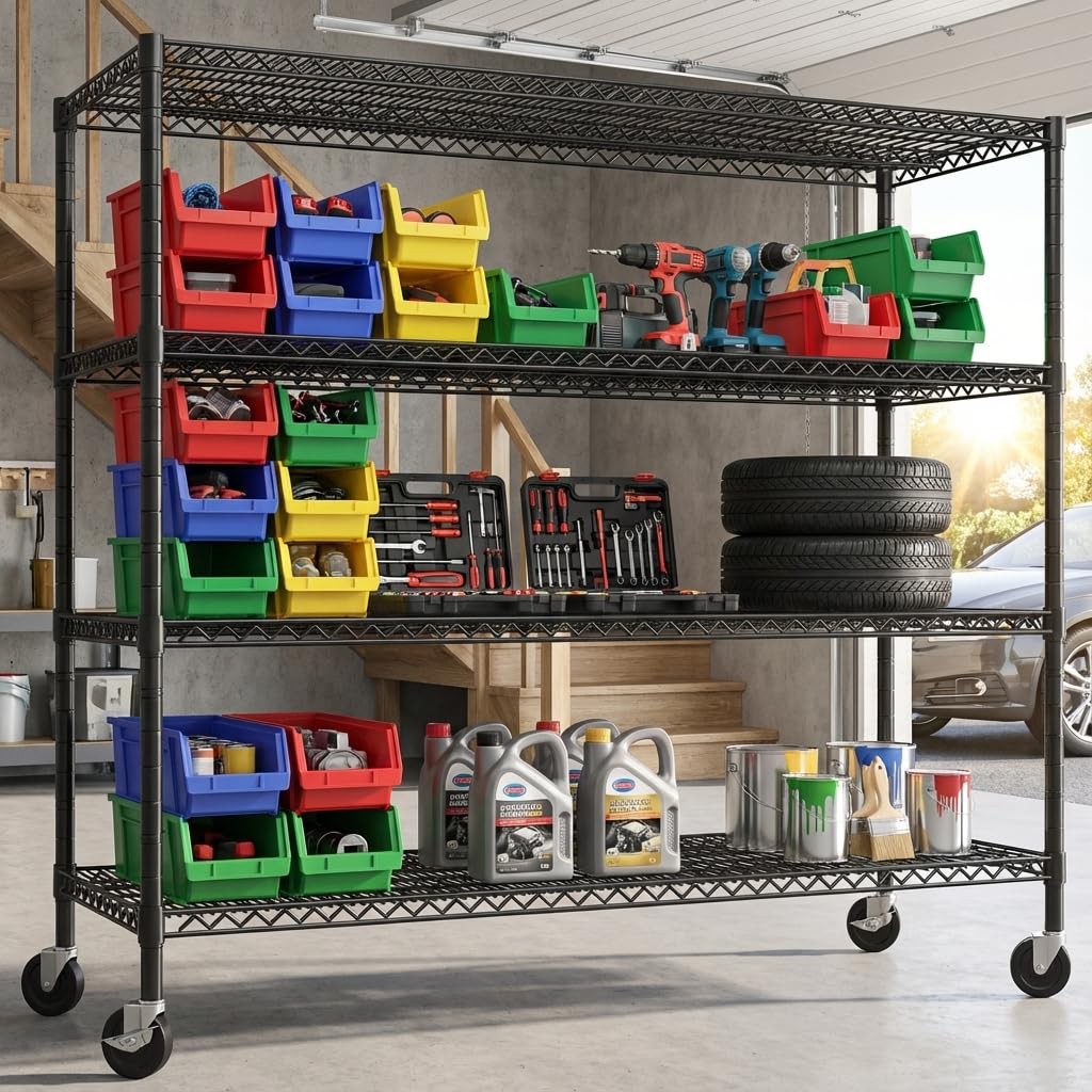 REIBII 60" W Storage Shelves 2878LBS Metal Shelving Unit with Wheels Heavy Duty Garage Shelving Adjustable Wire Shelves for Pantry,Kitchen,Garage,Basement,Business,Warehouse,School,60”W ×24”D×65.3”H