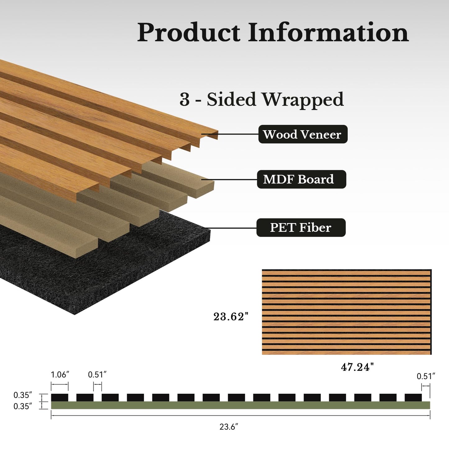 MISSDAY Wood Slat Acoustic Wall Panels, 4 Packs 47.2" x 23.6" Teak Soundproof Panel For Interior Wall Decor Noise Absorbing-3D Textured Wooden Panel Sound-Absorbing for Home, Office, Studio
