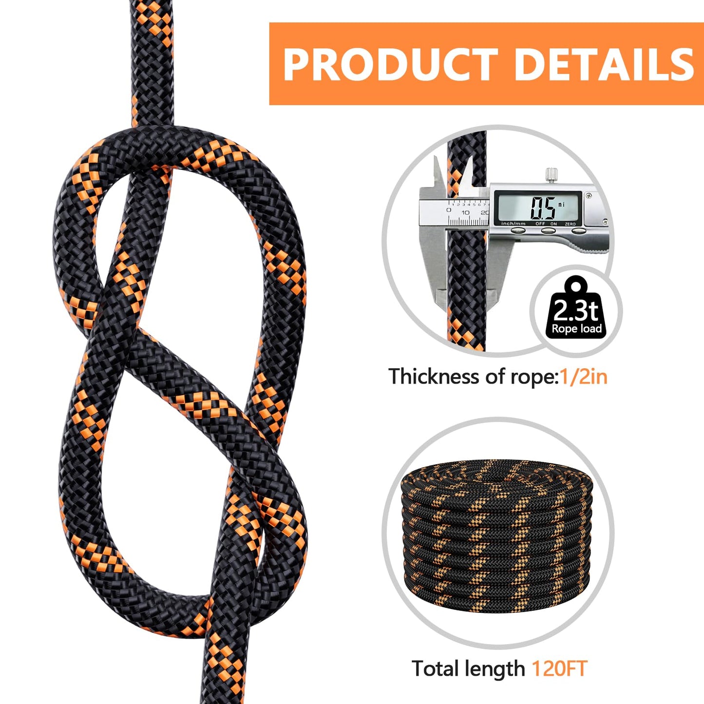 X XBEN Braided Polyester Arborist Rope 1/2 inch X 120ft, 48 Strands, 12 inner core,5174 LBS Breaking Strength Outdoor Ropes, Arborist Rigging Code for Rock Hiking Camping Swing Tree,Black Rescue,Black