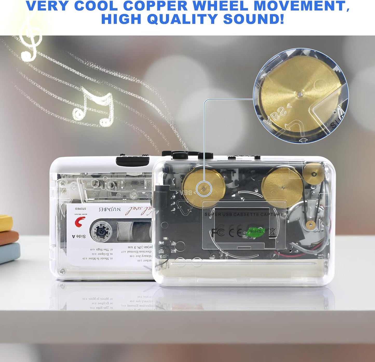 Burtowic Cassette MovementEarphone,Cassette MP3 Auto Reverse Clear Stereo Player,Built-in Cool Copper Wheel Tape