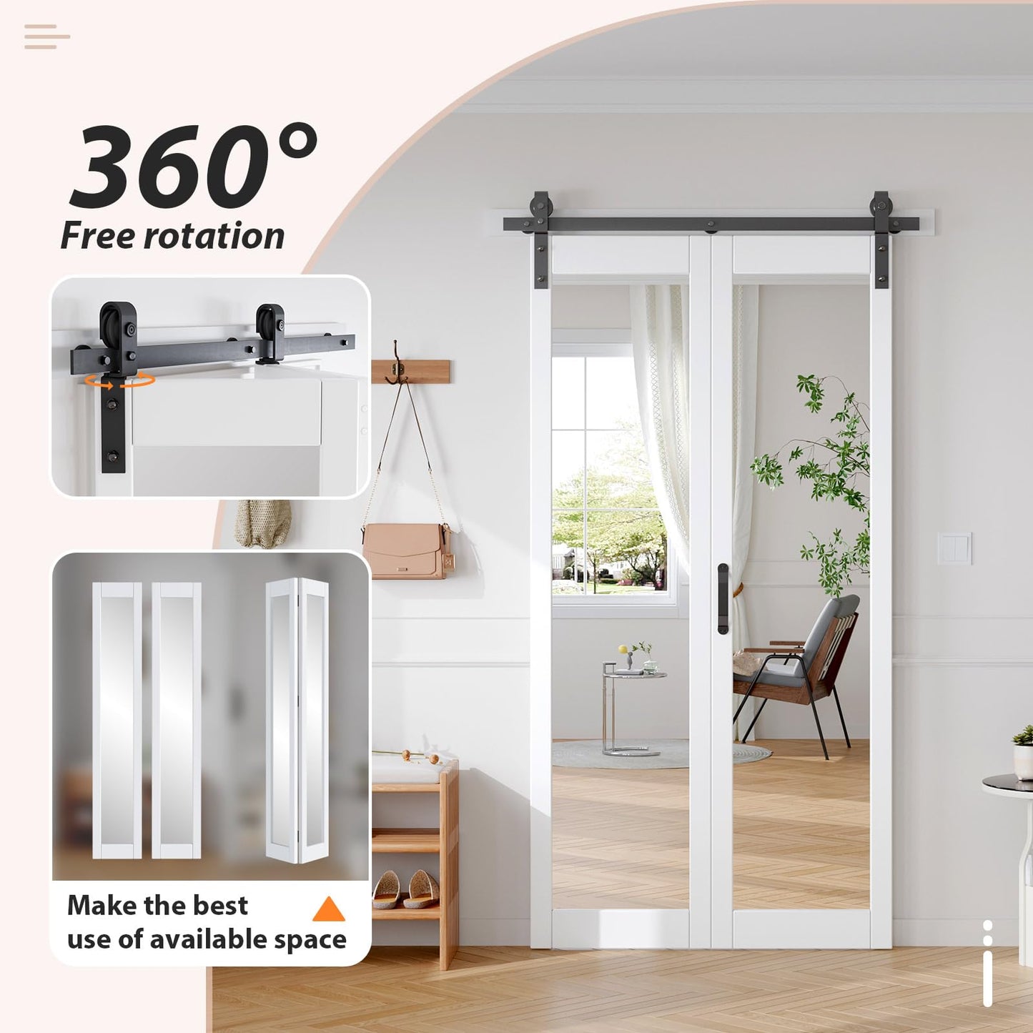 FREDBECK Preassembled Bifold Barn Door 42x84 (Double 21x84) with 1 Lites Mirror,Bi-fold Closet Doors Hardware Kit Included,46" Track for 2 Doors, PVC, White,for Living Room, Bathrooms, Kicthen