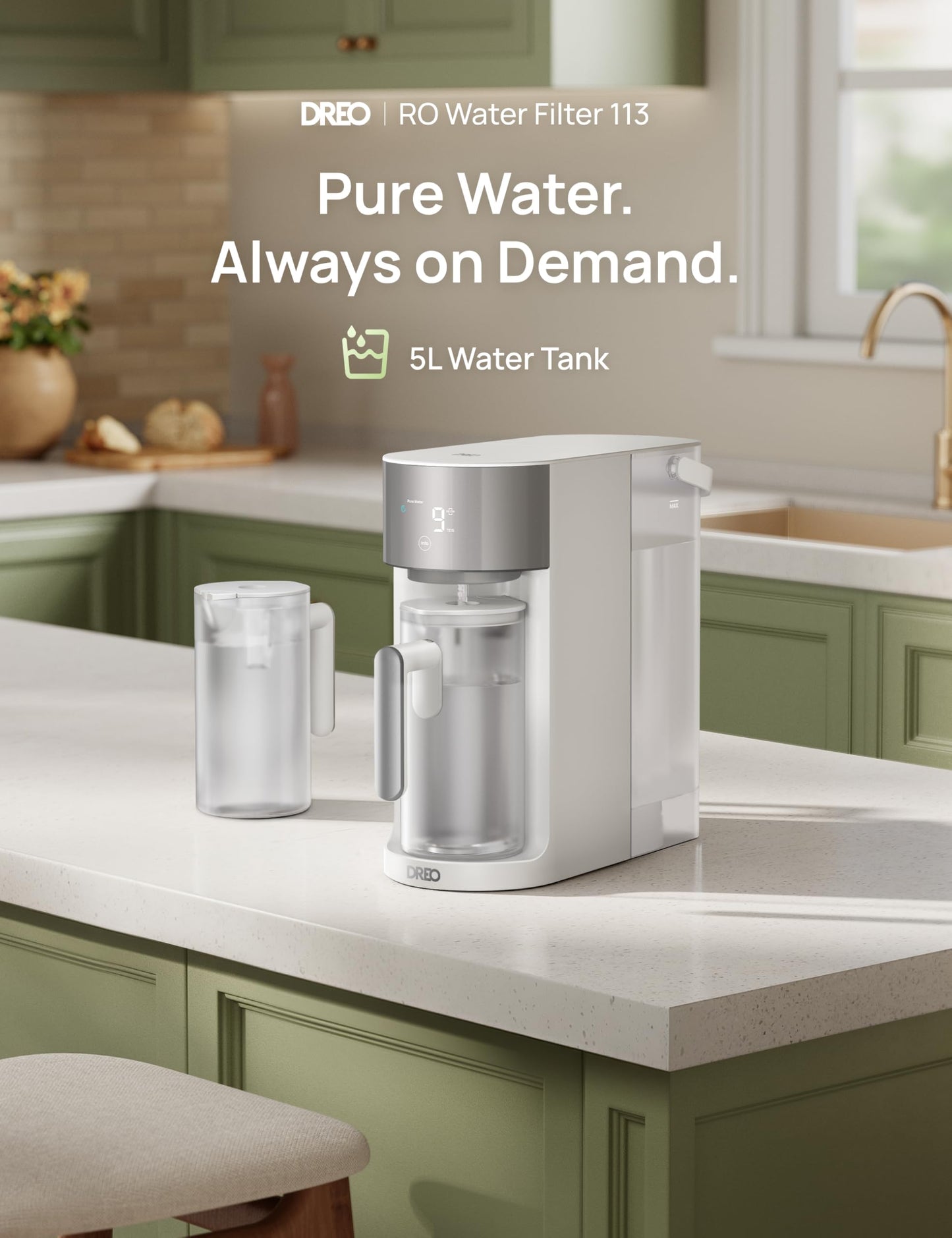DREO Reverse Osmosis Water Filter Countertop, RO Filtration System, 3:1 Pure to Drain, TDS & Filter Life & 2 Autofill Pitchers, Self-Cleaning Water Purifier, RO Water Filter