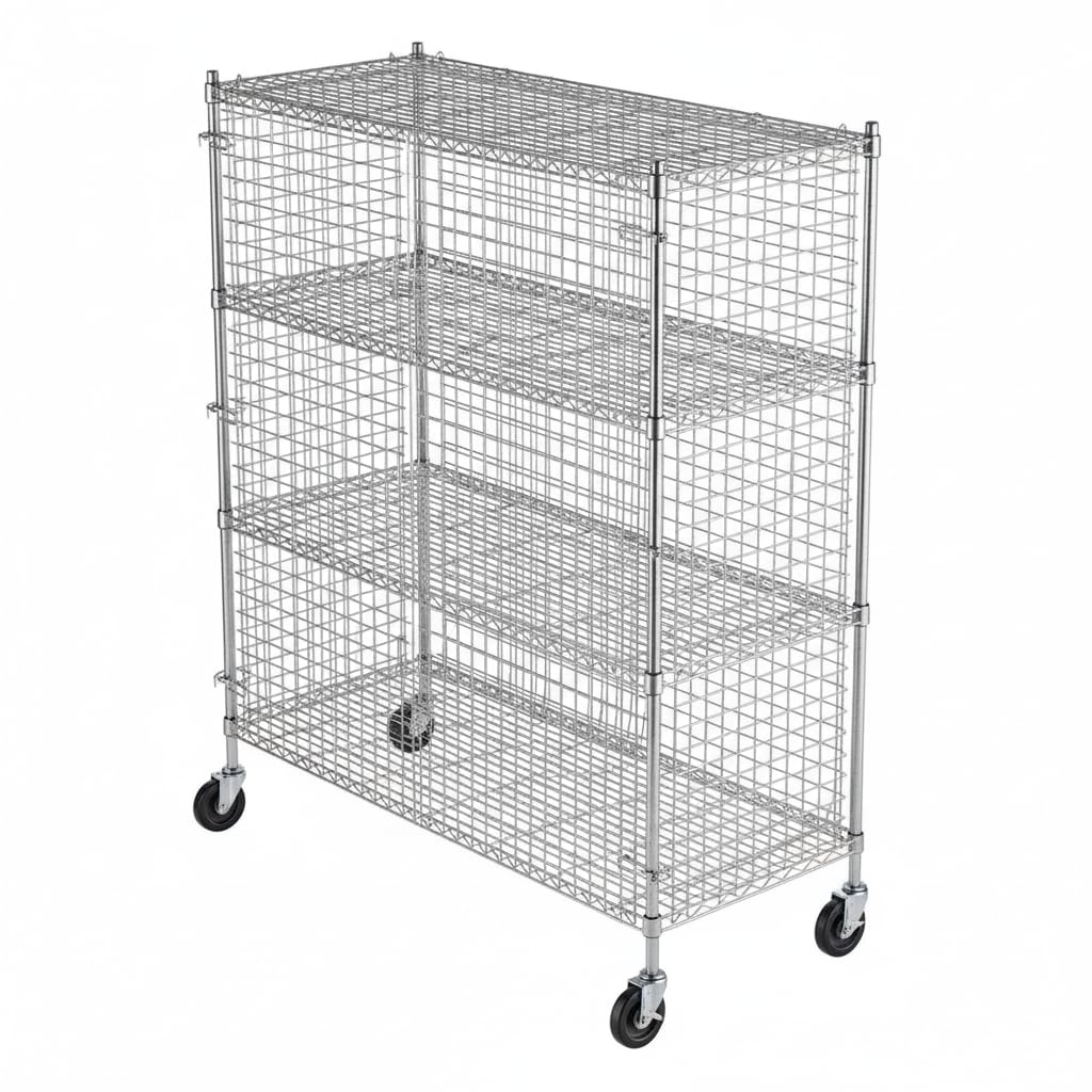 24" x 60" x 70" NSF Mobile Chrome Wire Security Cage Kit with 4 Shelves, Lockable Rolling Storage Unit for Wine, Liquor, Beer & Warehouse Use, Heavy Duty Commercial Steel Storage Rack with Casters