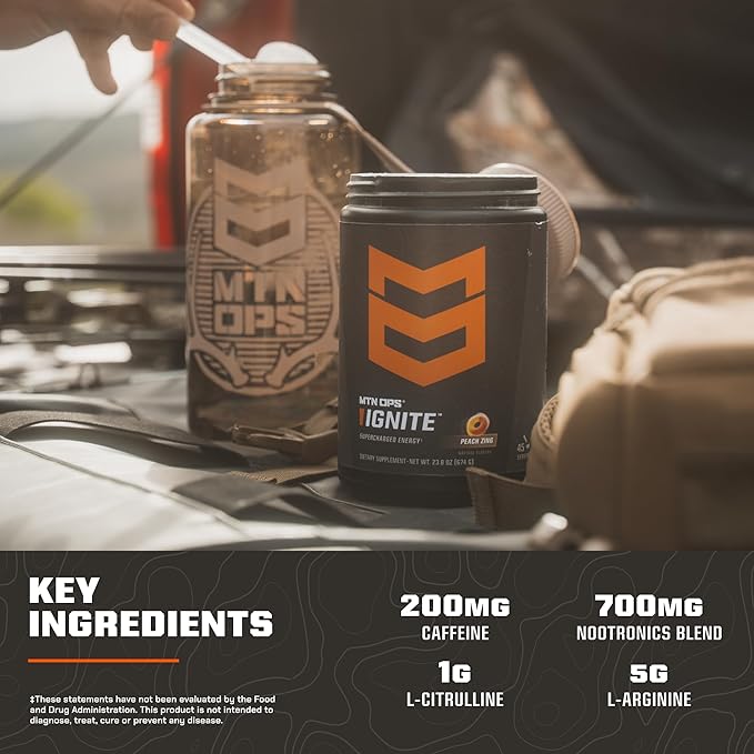MTN OPS Ignite Energy Drink Powder, Gluten Free Nootropic Supplement Drink Mix, L Arginine, L Citrulline, Caffeine & Nootropic Sugar Free Drink Mix, 45 Servings, Hush Summit Surge