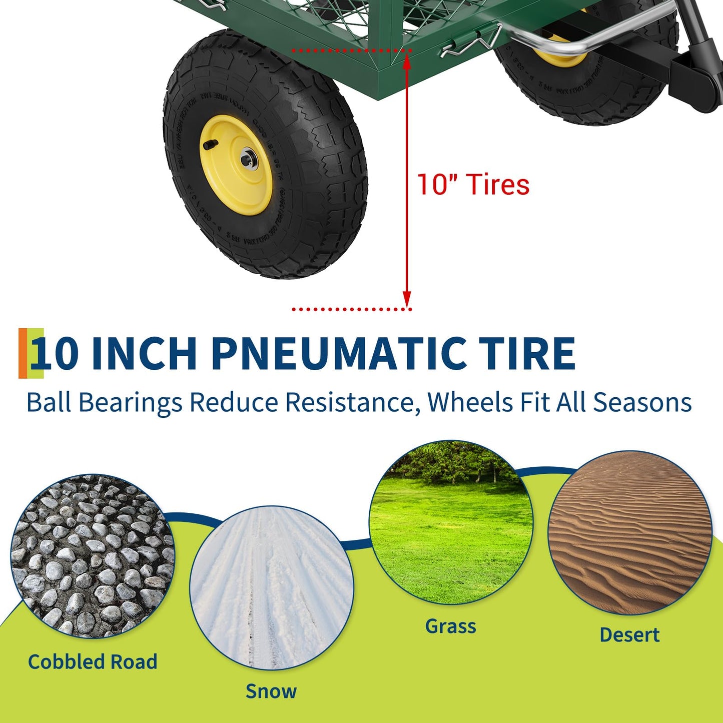 900 lbs Steel Garden Dump Cart with 10" Pneumatic Tires, Heavy Duty Yard Cart with 180°Rotating Handle & Removable Mesh Sides, Utility Dump Wagon for Lawn Farm Backyard, Green Black & Yellow