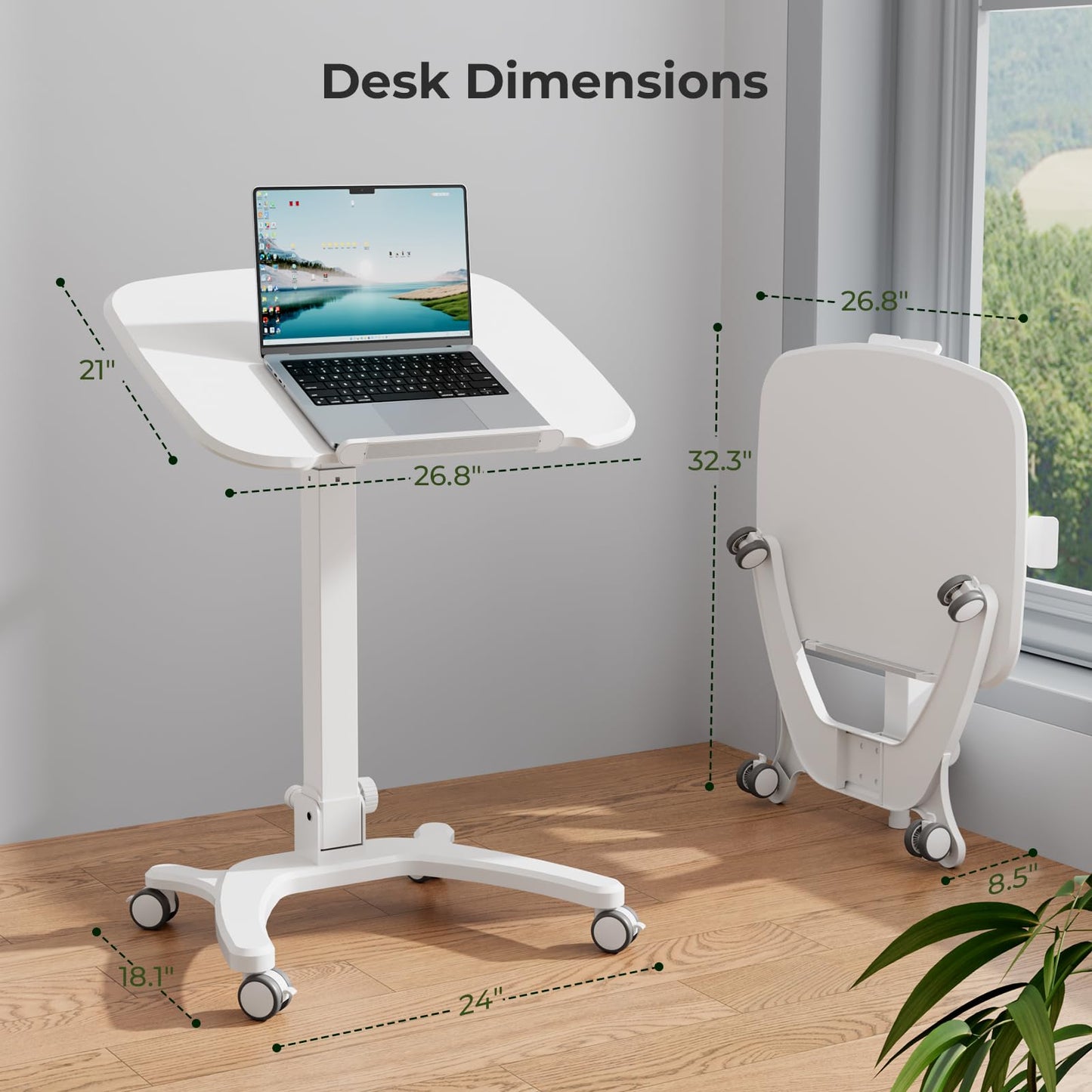 JYLH JOYSEEKER Foldable Mobile Standing Desk, 27"×21" Portable Rolling Laptop Cart with 90° Tiltable Board, Height Adjustable Workstation with Wheels, Folding Table for Home Office, White