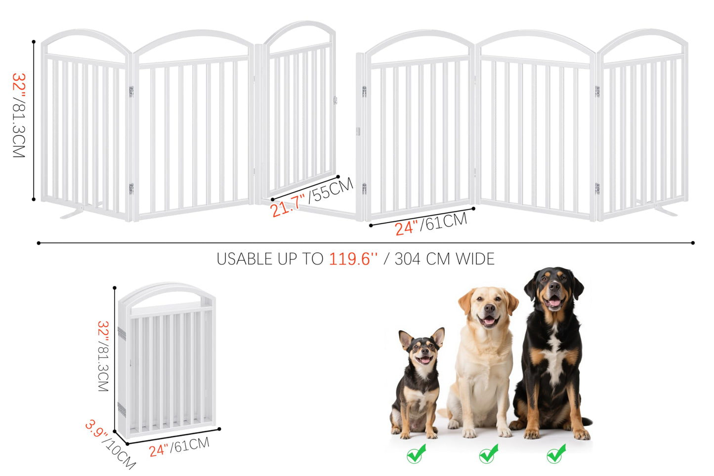 THKKY Folding No-Assembly Freestanding Dog Gate with Door,32" Heights Foldable Pet Fence,144" Extra Wide Accordion Puppy Folding Playpen for Doorways,House,Stairs (6 Panels,White)