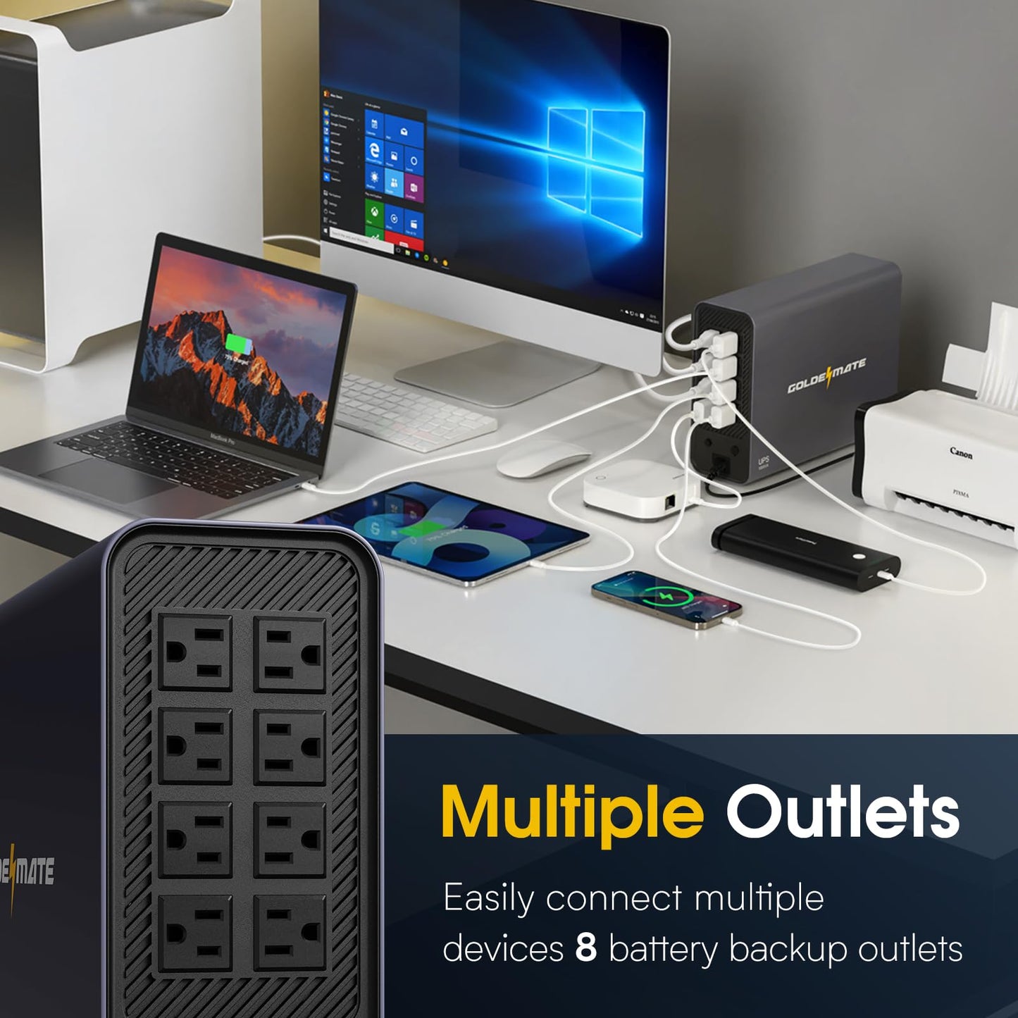 GOLDENMATE 1000VA/800W Lithium UPS Battery Backup and Surge Protector, Sinewave UPS System with LiFePO4 Battery(230.4 Wh), 2025 Upgraded Pro Ver. with Communication Port, 8 Outlets, LCD Display, Gray
