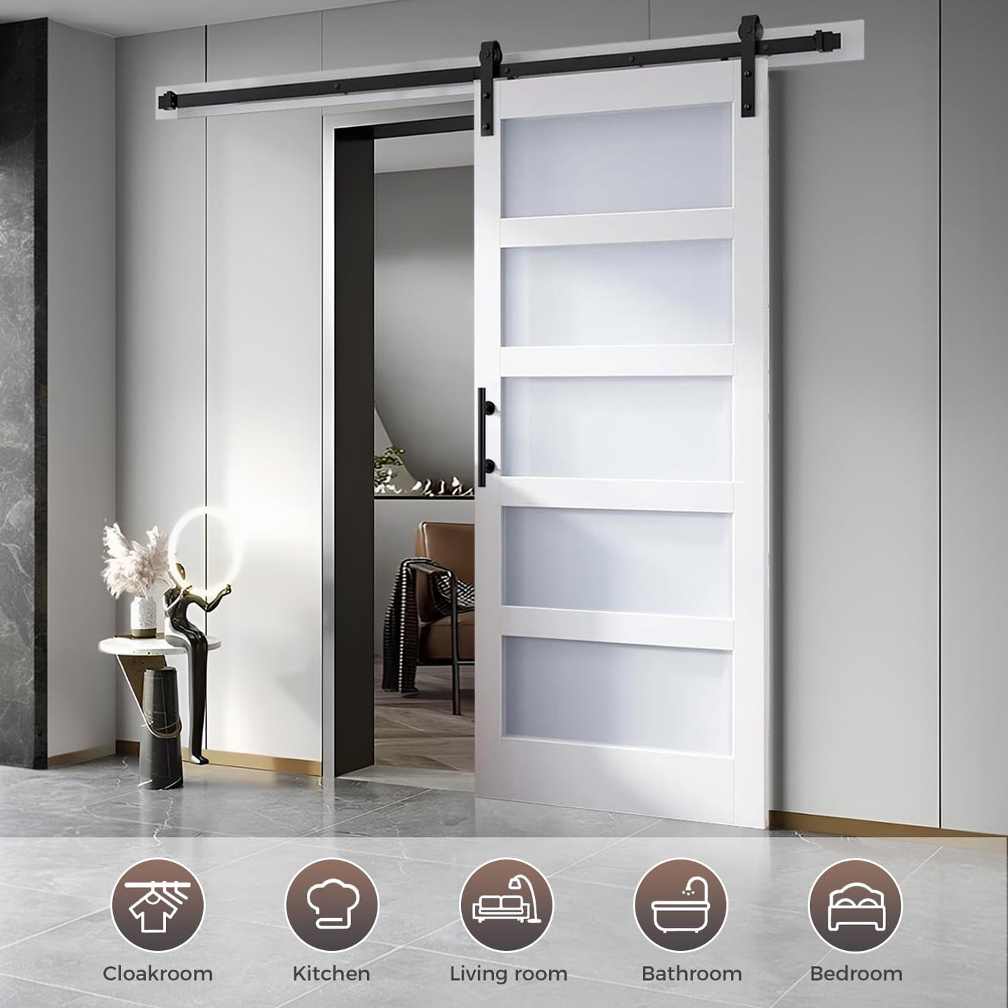 S&Z TOPHAND® 60in x 96in Glass Sliding MDF Barn Door with 10FT Sliding Door Hardware Kit, 5 Tempered Frosted Glass, Slab Inside Covered with Water-Proof PVC Surface, Simple DIY Assembly