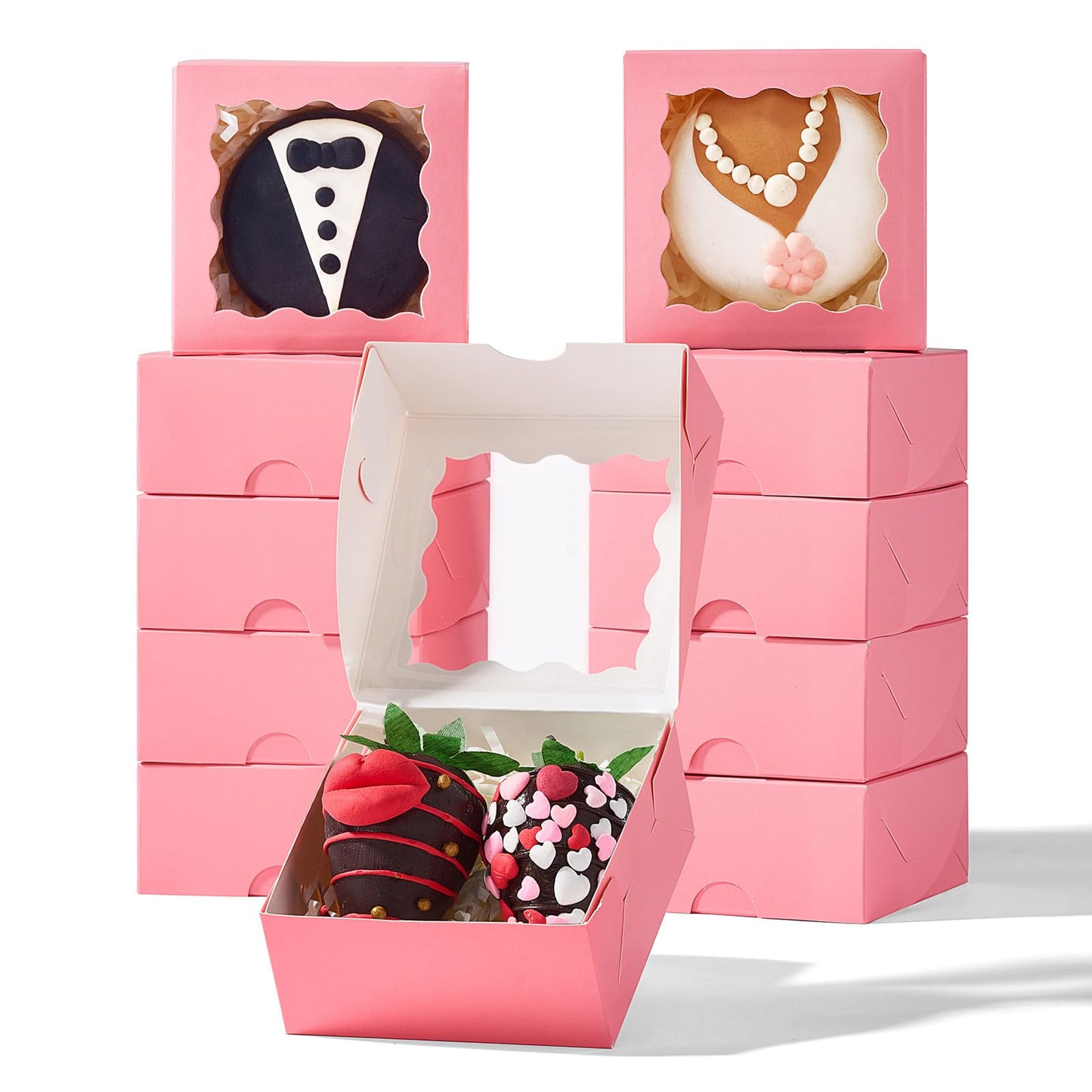 SLShePack 3.2x3.2x1.5 Inches 50PCS Mini Bakery Boxes with Window for Cookies, Soap, Chocolate Truffle, Donut, Macaron(Pink)