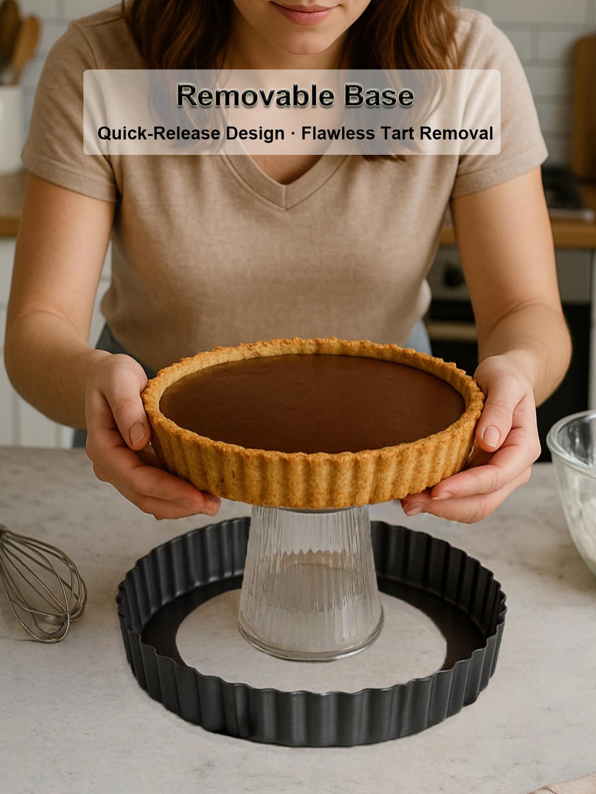Yamteck 9.5*2.2 Inch Deep Tart Pan w/ Pie Cake Server. Removable Bottom, Non-Stick Coating, Rugged Carbon Steel for Tart Quiche Baking. Gift for Women Wife Christmas Thanksgiving Party Festival Family