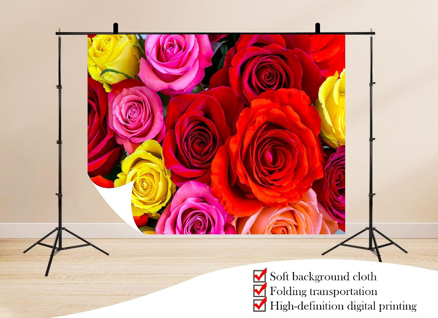 UPXIO 8x6ft Colorful Rose Bouquet Backdrop Mixed Red Pink Yellow Roses Photo Background Tapestry for Valentine's Day