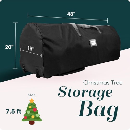 Handy Laundry - Rolling Tree Storage Bag | Zippered Bag for 7.5-Foot Christmas Tree - Easy Transport with Carry Handles and Wheels - Protects Against Dust, Insects, and Moisture (Black)