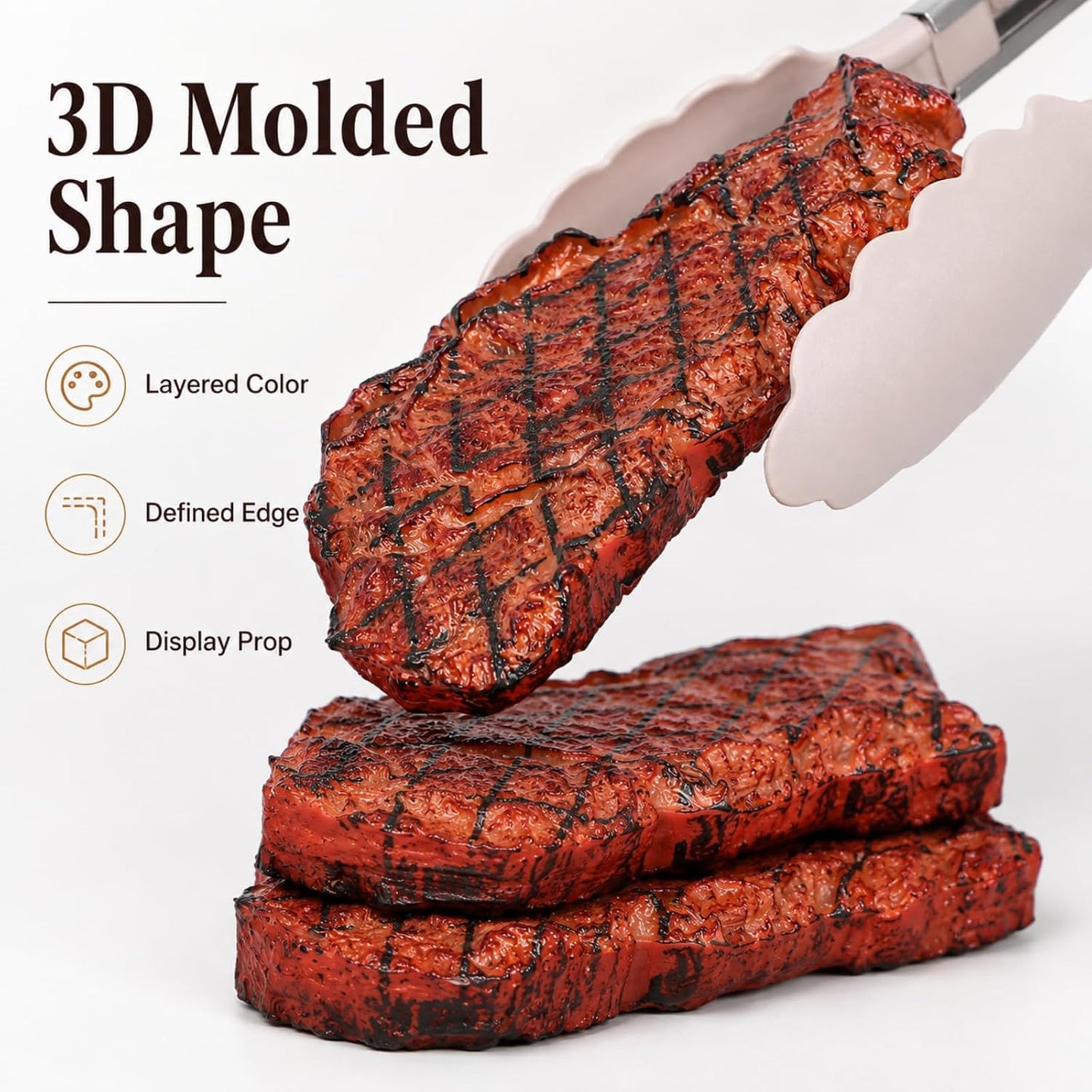 3 jojofuny Pcs Fake Steak Props, Realistic Artificial Grilled Steak Model, Cooked Meat Food Replica with Grill Marks