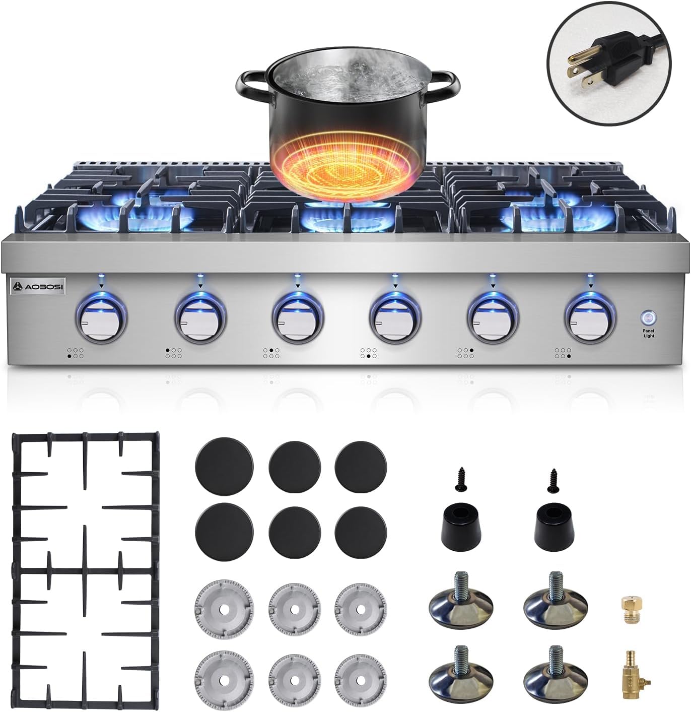 AAOBOSI 36 inch Gas Cooktop, Freestanding Range Commercial Cooktops, Built-in Propane Stoves Top NG/LPG Switch, Cast Iron Stove Top Covers for with 6 Gas Burners for Cooking, Grilling