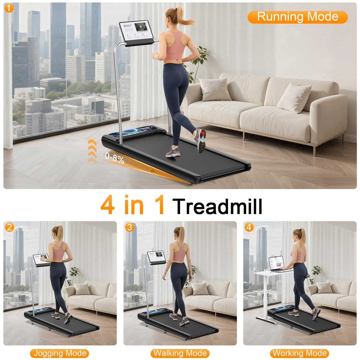 Walking Treadmill Pad with Incline Handle Bar, Silent Fitness Equipment, Treadmill with 4-in-1 Modes, Easy Assembly, Portable Home Gym Equipment
