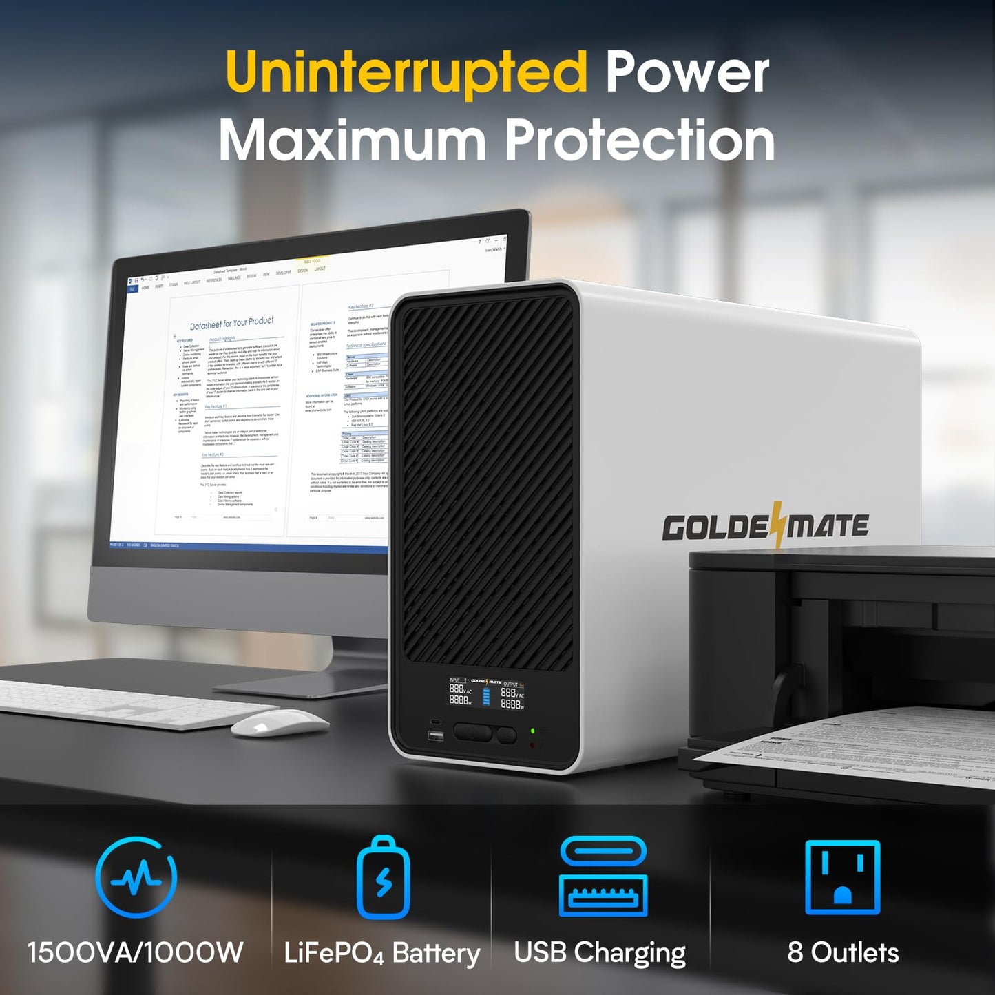 GOLDENMATE 1500VA/1000W Lithium UPS Battery Backup and Surge Protector, Backup Battery Power Supply with LiFePO4 Batteries(296Wh), AVR, Line Interactive Sinewave UPS System, 8 Outlets, LCD Display
