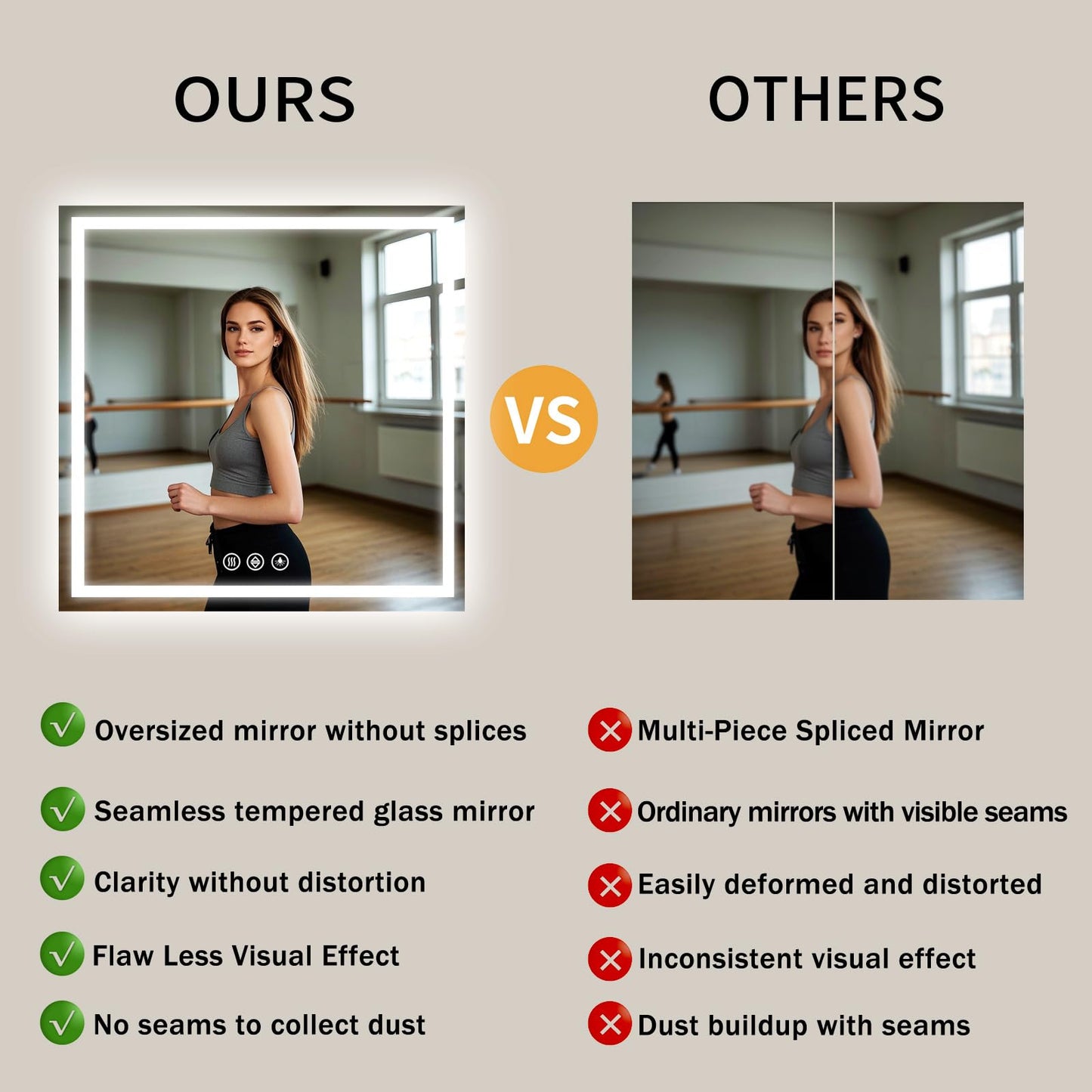 Koonmi Home Gym Mirror, 47"x47" Heavy Duty Large Seamless Tempered Glass Wall Mirrors with LED Lights for Gym, Workout, Yoga, Fitness, Dance Studio, Home, Exercise Room, Bathroom