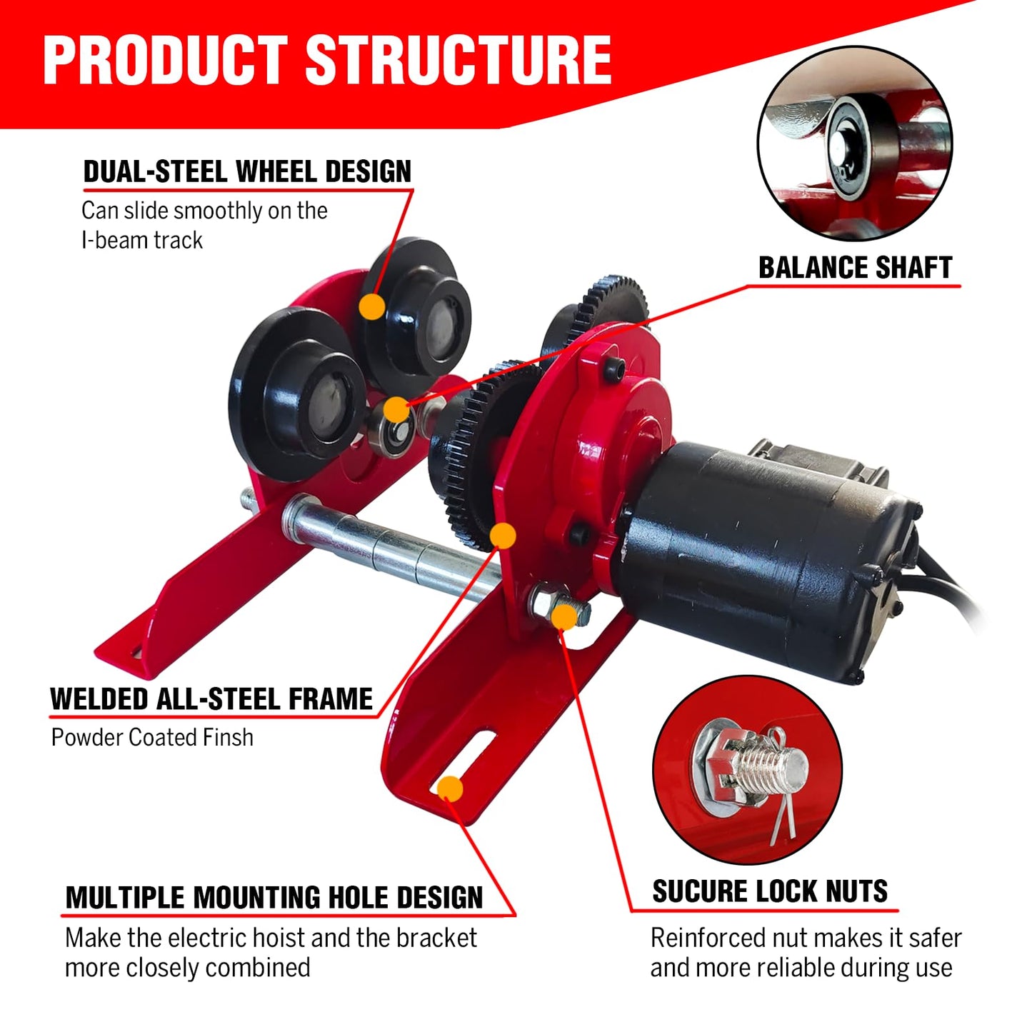 Electric Trolley for Power Hoist 1100LBS Capacity,Fit 2.68-4.33 in I-Beam,Push Geared Overhead Crane Heavy Duty Wheels System for PA200 to PA500 Hoists,Perfect for Gantry Cranes,Warehouses