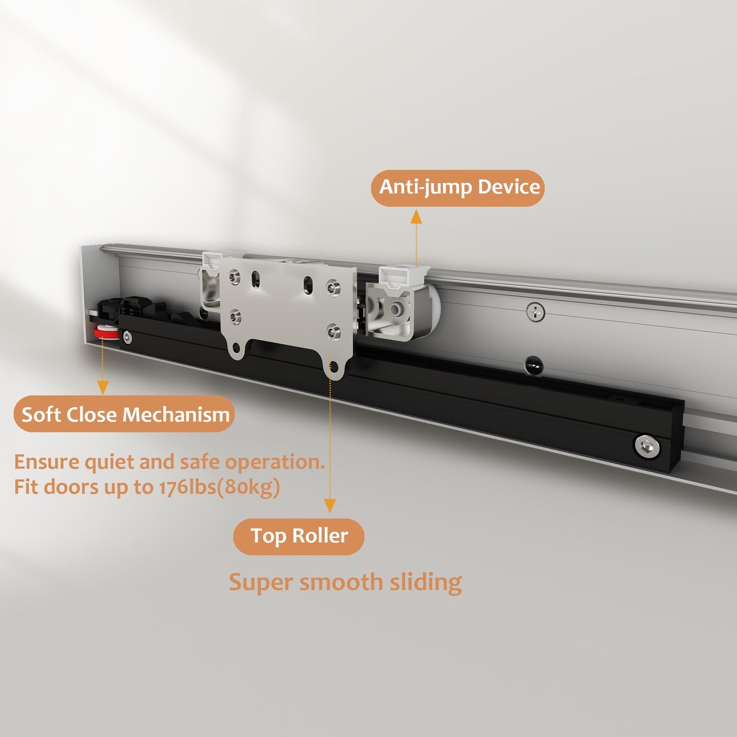 JUBEST 38" Concealed Barn Door Hardware Kit with Soft Close Mechanism, Wall Mounted Invisible Sliding Door Track for Opening Width 30" to 34", Hidden Barn Door Hardware Kit, Door Needs Groove