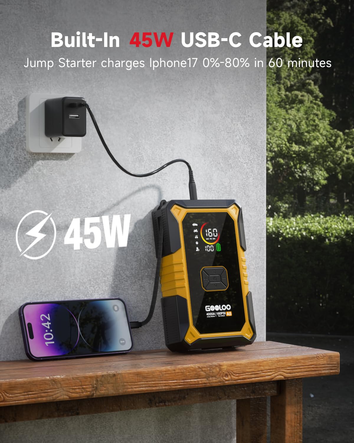 GOOLOO A5 Car Jump Starter with Air Compressor, 4000A Portable Car Jump Starter (All Gas/10.0L Diesel) with 160PSI Auto-Off Tire Inflator, 45W PD Fast Charging,12V Battery Jumper Starter Portable
