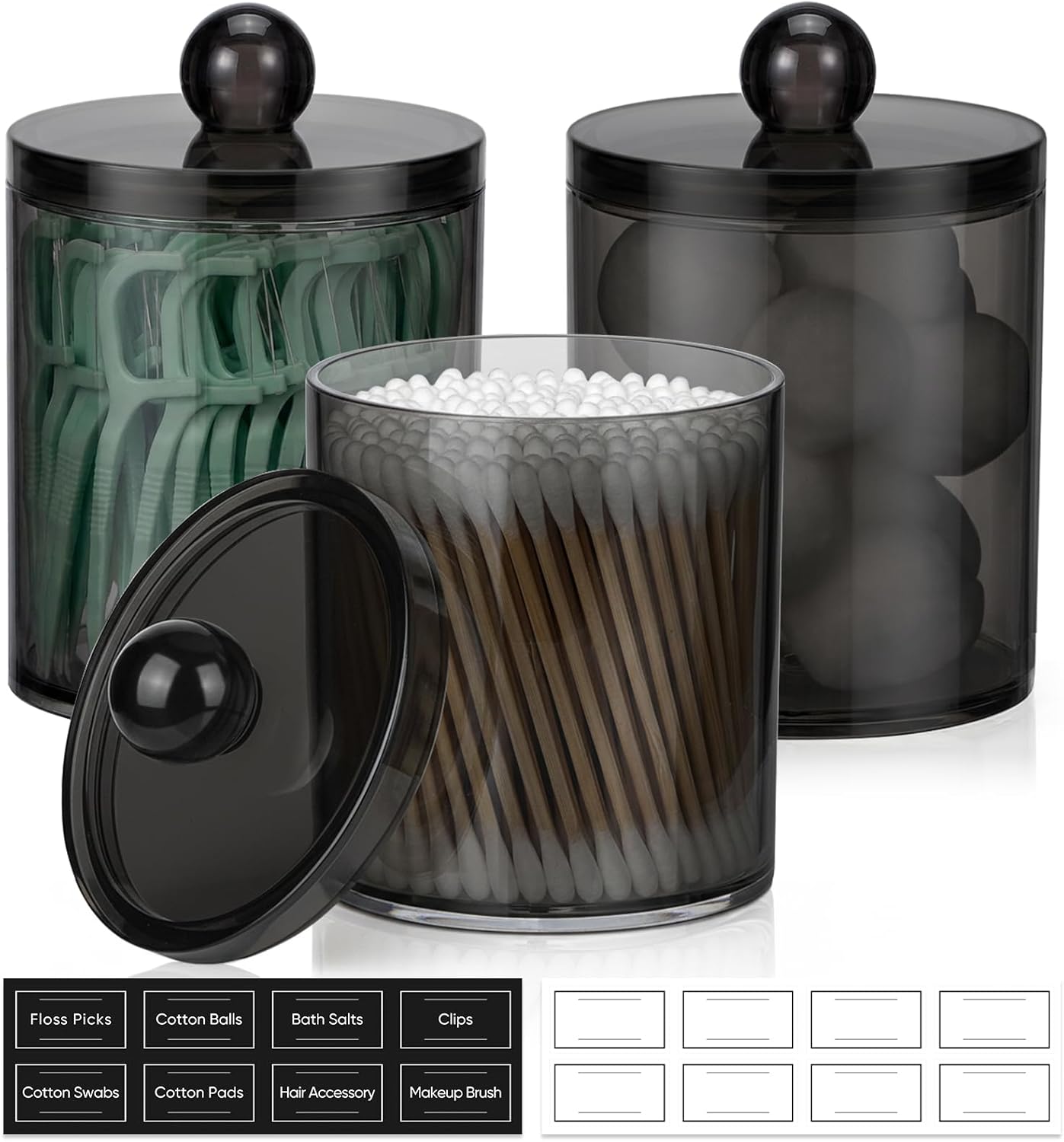 Skiennix Acrylic Qtip Holder Dispenser - Clear Plastic Canister Set for Cotton Swabs & Makeup Storage | 3 Pack