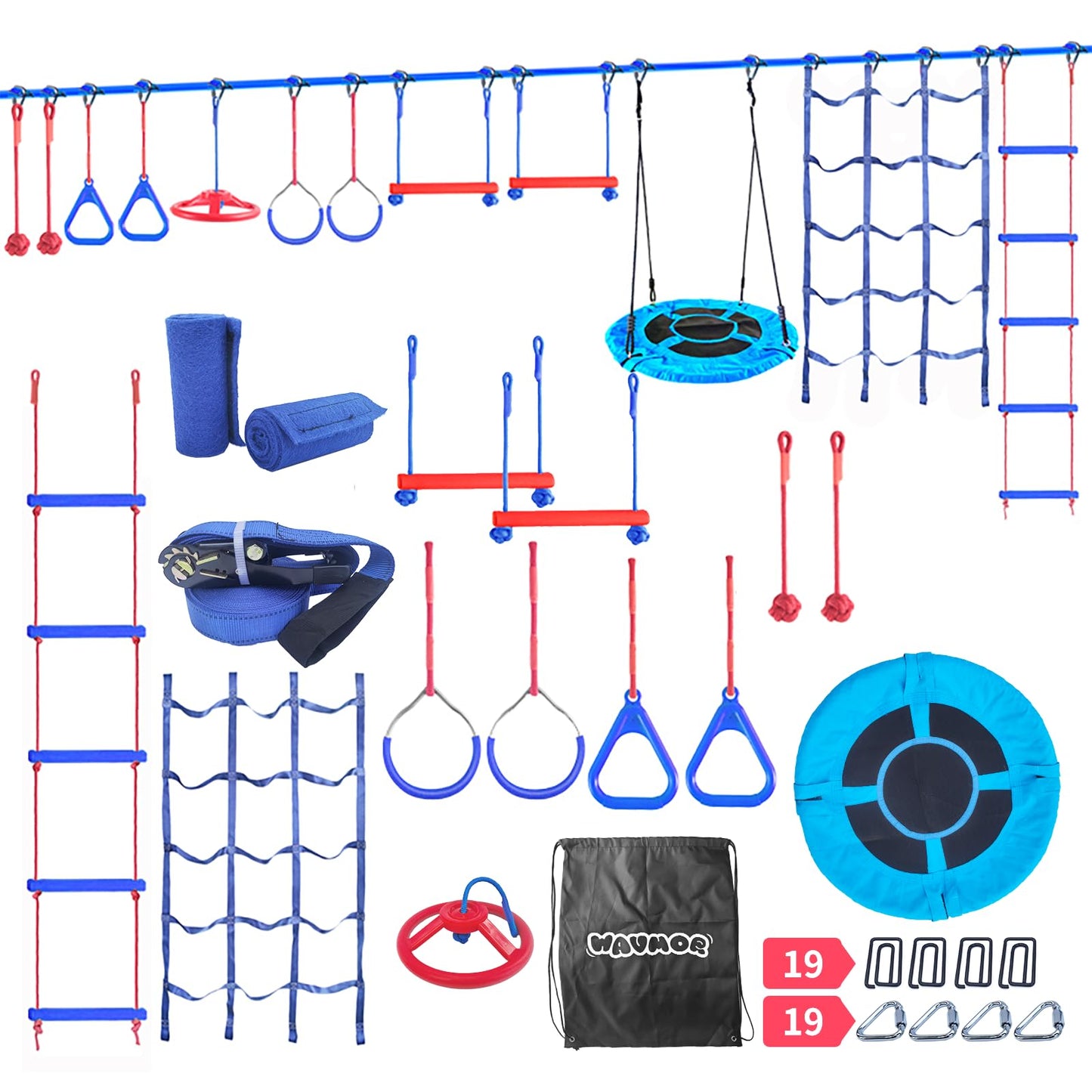 Wavmor 65 FT Ninja Warrior Obstacle Course Swing Set for Kids with 12 Obstacles,Outdoor Playset with Monkey Bars for Backyard