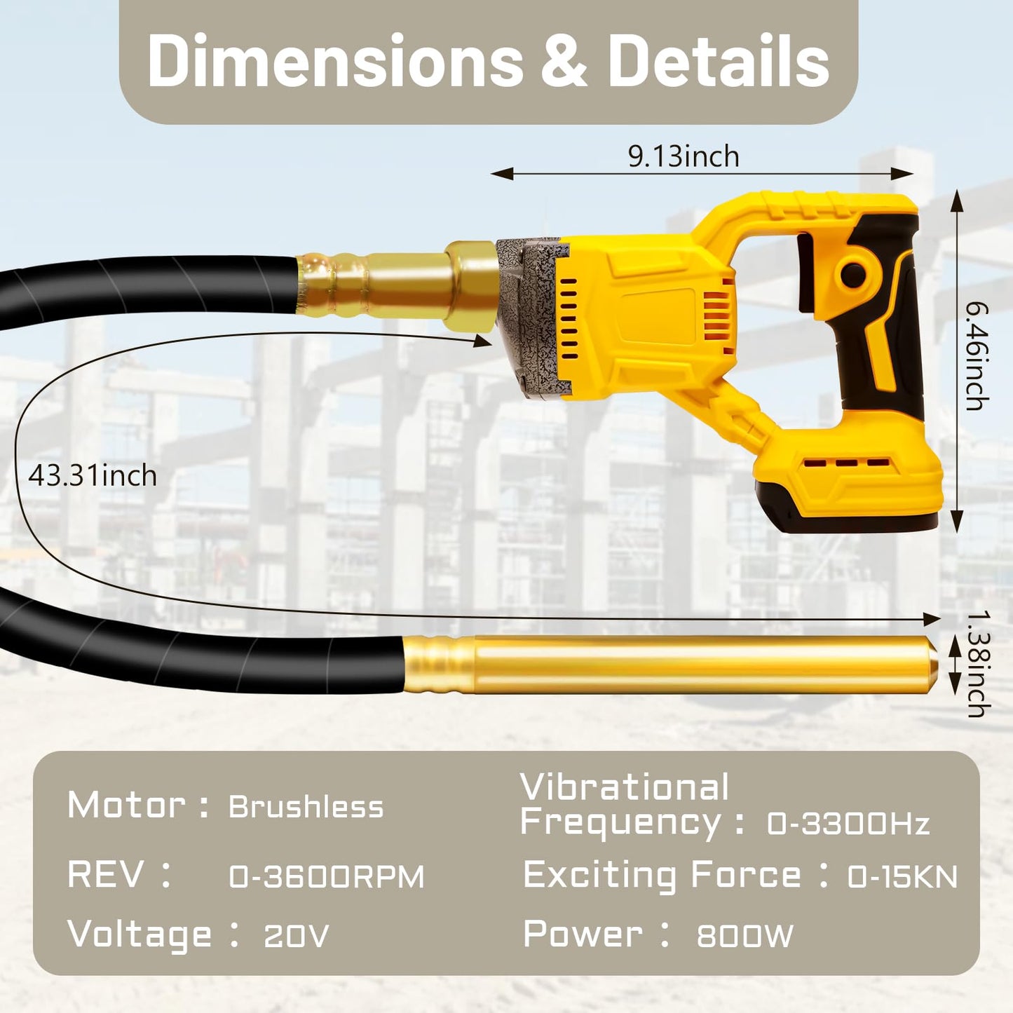 LCBBKYSQ Handheld Concrete Vibrating Tool, Compatible with Dewalt 20V Battery (No Battery), 800W Cordless Electric Concrete Vibrator with 3.6ft Shaft Rod, Portable Vibrator for Remove Air Bubble