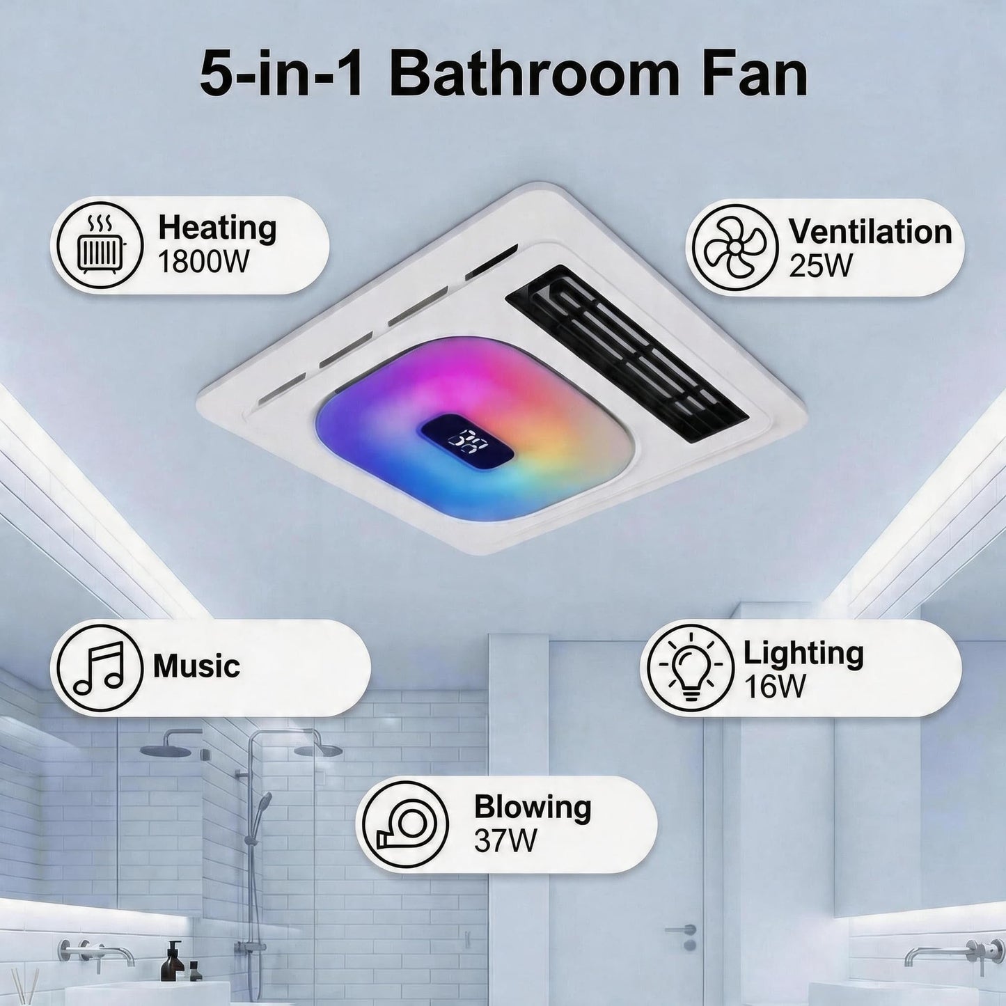 ScaleBelly Smart 5-in-1 Bathroom Exhaust Fan with Light, 180 CFM, 1.0 Sone Quiet Vent Fan, 7 LED Colors & Nightlight, Heater, Bluetooth Speaker & Remote Control for Heating, Ventilation, and Music