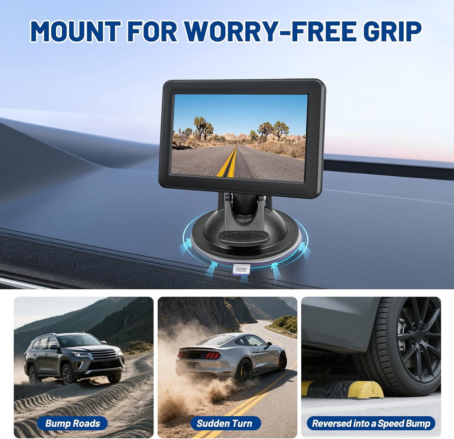 EWAY 4-Hole 4.3"/5" Direct Fit Suction Cup Mount for Backup Camera Monitor, Knob-Lock Adjustable Dashboard Windshield