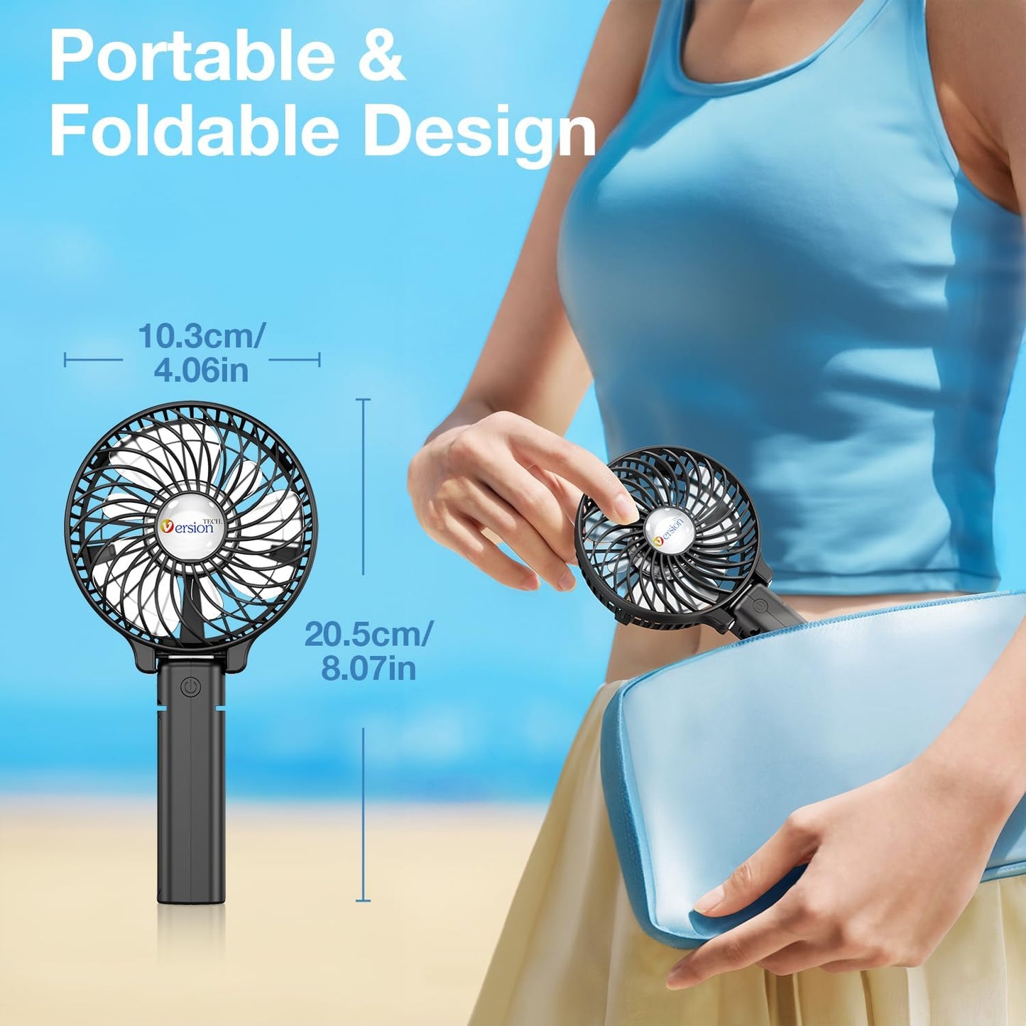 VersionTECH. Portable Handheld Fan - Powerful 4000mAh Battery | 180° Foldable Mini Fan for Travel & Office - Black