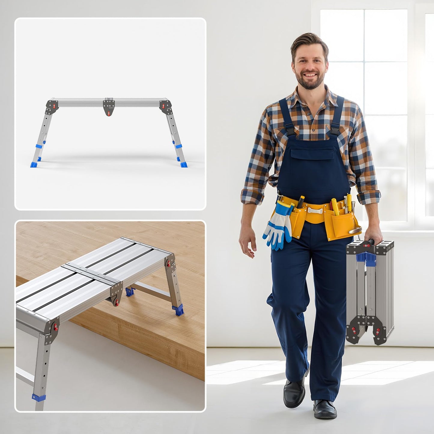 Loyoda Folding Work Platform for Adults, Aluminum Foldable Step Stool Adjustable Height, Lightweight and Durable Portable Outdoor Aluminum Step Ladder, Maximum Load Capacity of 500 Pounds.