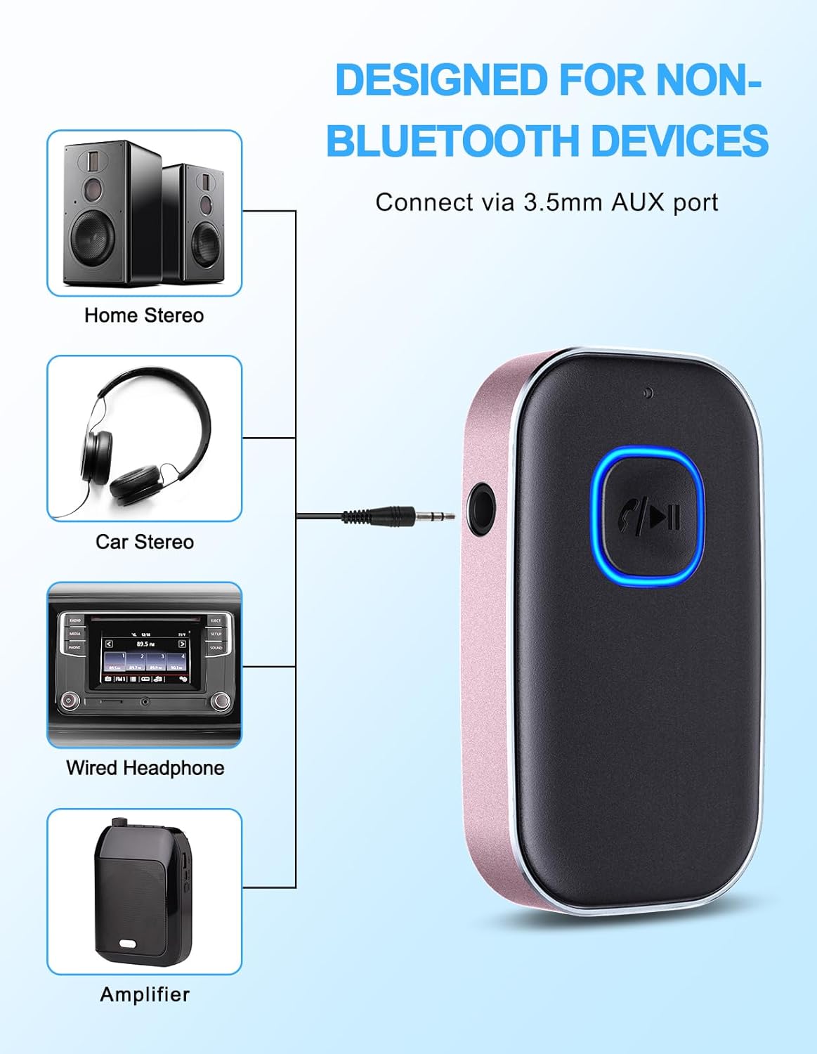 COMSOON 16H Bluetooth AUX Adapter for Car, Noise Reduction Bluetooth Receiver for Music/Hands-Free Calls, Wireless