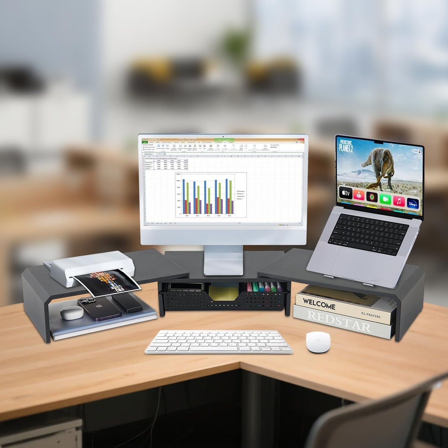 LEKETREE Dual Monitor Stand Riser with Drawer, Computer Stand for Desk, Workspace Desktop Stand, Desk Organizer