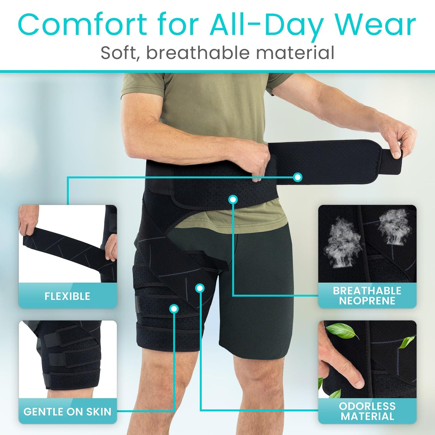 Vive Hip Brace for Sciatica Pain Relief - Groin Support Wrap for Sciatic Nerve Pain, Hip Flexor Strain, Thigh & Harmstring Pull, Arthritis - Adjustable & Comfortable Stabilizer for Muscle Recovery (Left)