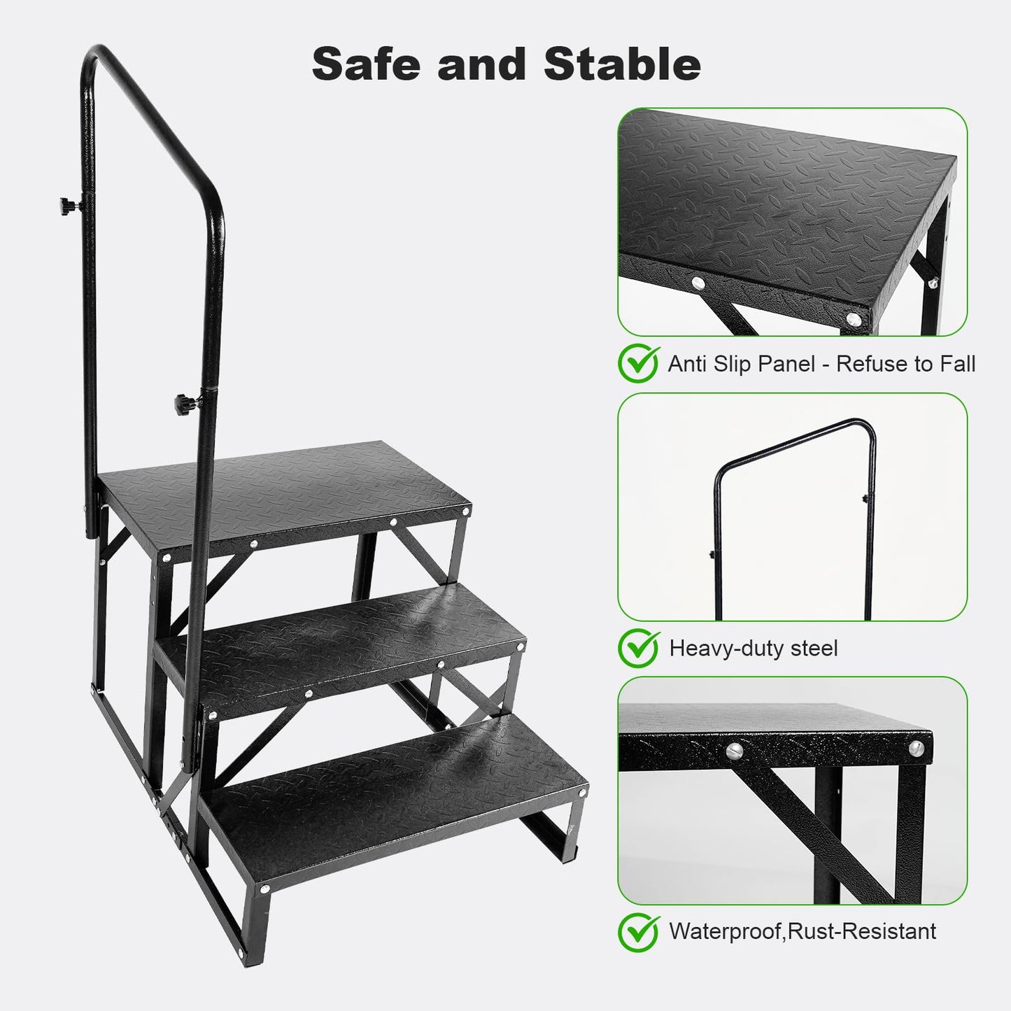 RV Steps with Handrail, 3 Step Heavy Duty Outdoor RV Stairs with Non-Slip Tread, Portable Travel Trailer Steps for Camper, Mobile Home, Hot Tub, 5th Wheel, Anti-Slip Platform