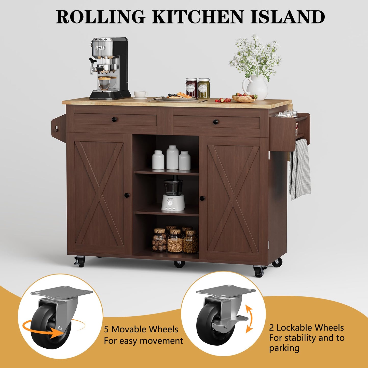 HLR Kitchen Island On Wheels, Brown Rolling Kitchen Island Cart with Solid Wood Drop Leaf Breakfast Bar, Barn Door Kitchen Islands with Storage Cabinet and Tower Rack, Island Table for Kitchen
