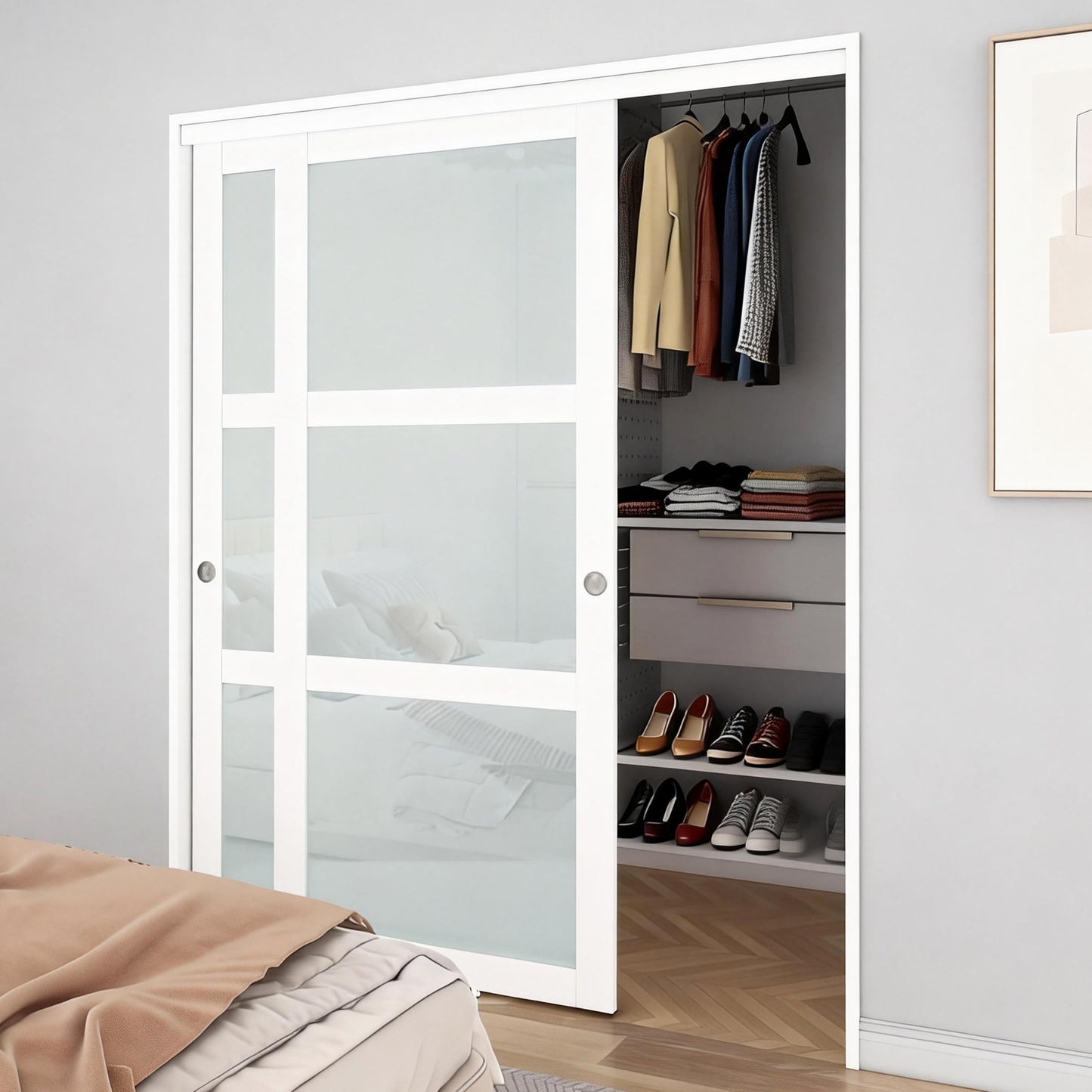 BARNSMITH 72x80 Sliding Closet Door, 3-Panels Preassembled Frosted Glass Door Panel with Hardware Kits & Matching Fascia, MDF Covered with Water-Proof & Anti-Scratch PVC Surface, White