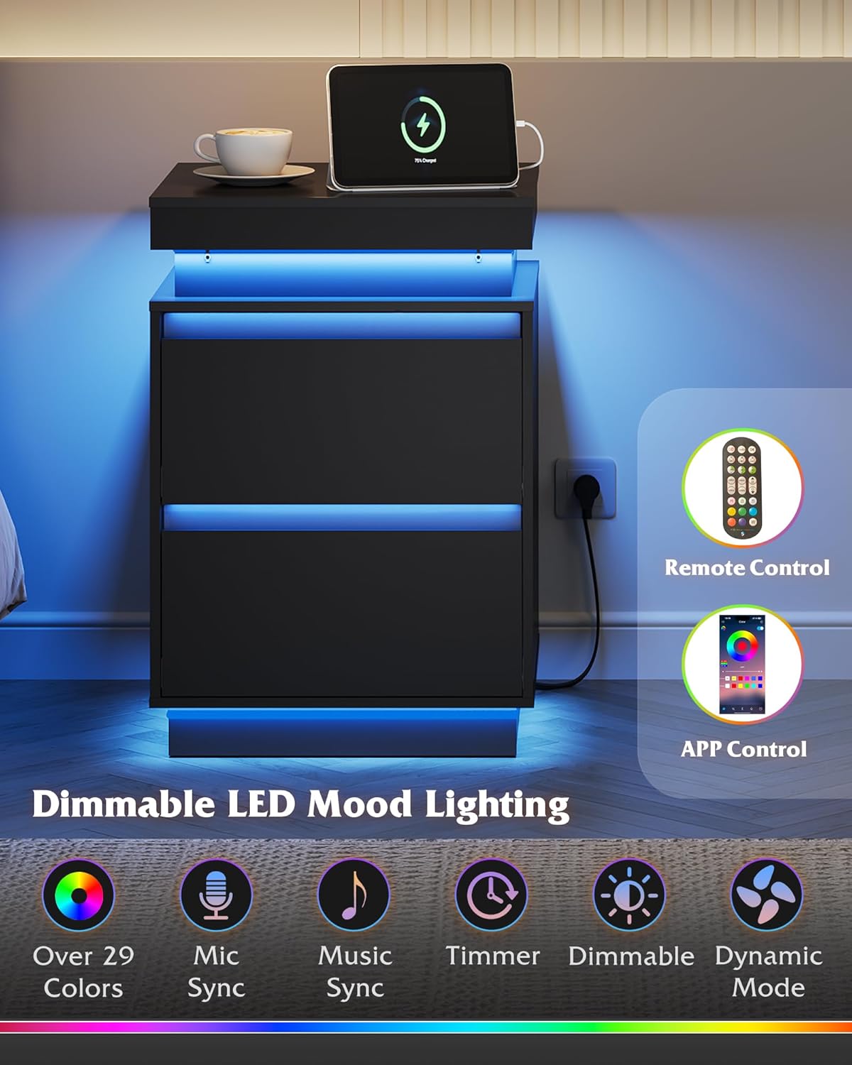 WLIVE Tall Black Nightstand - Modern Bedside Table with LED Lights & Charging Station | 2 Wooden Drawers