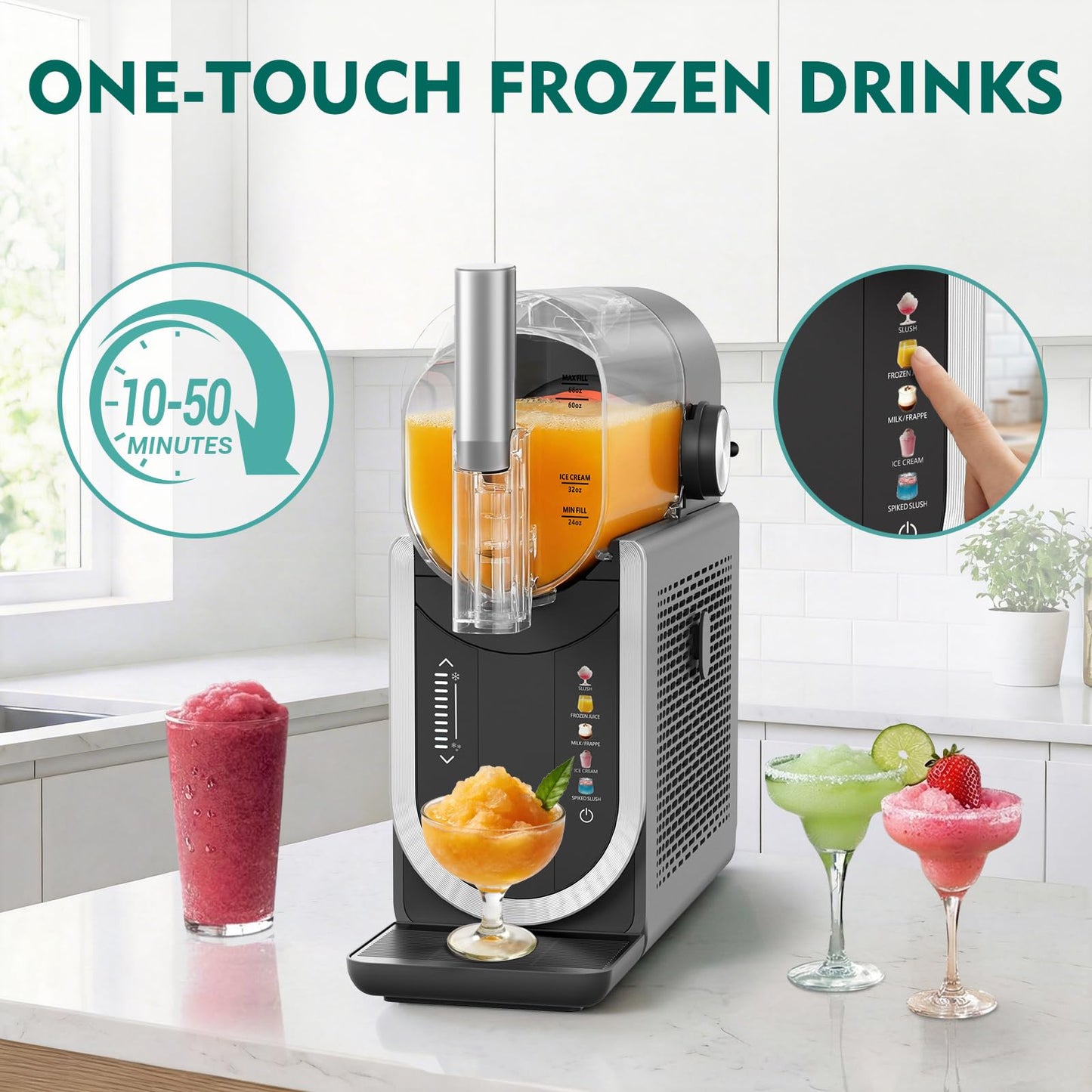Slushie Machine No Ice Needed, Margarita Machine & Slushy Machine for Home, 5 Preset, Rapid Freezing, Self-Cleaning, 66oz Slushie Maker for Frappes, Spiked Slush, Ice Cream and More, Grey