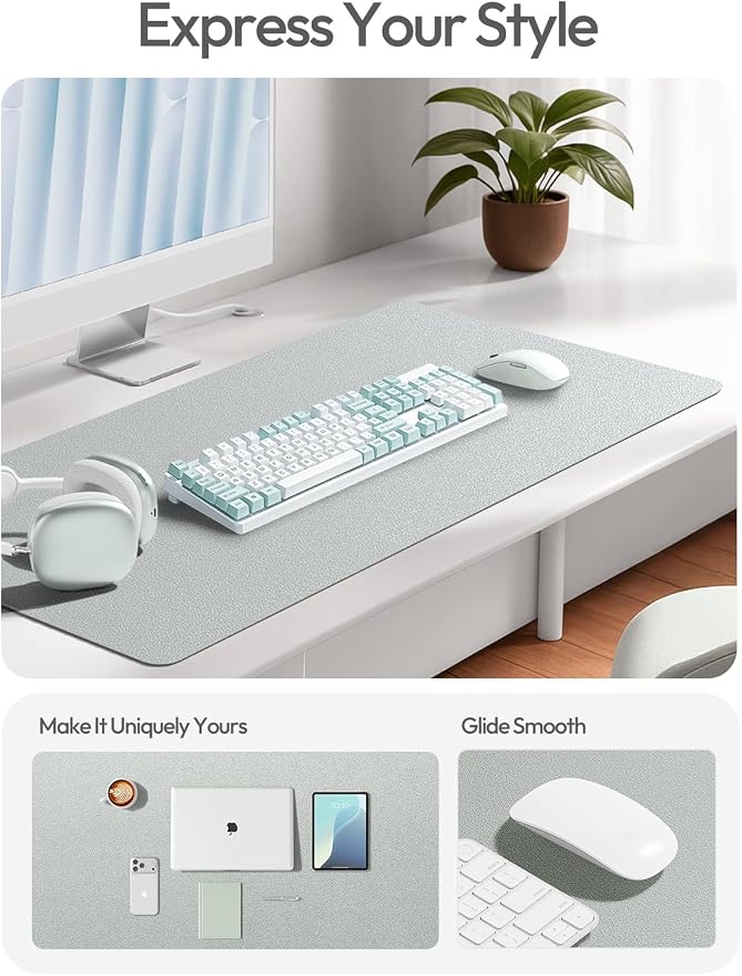 YSAGi Leather Desk Pad Protector, Office Desk Mat, Large Mouse Pad, Non-Slip PU Leather Desk Blotter, Laptop Desk Pad, Waterproof Desk Writing Pad for Office and Home (Silver, 35.4" x 17")
